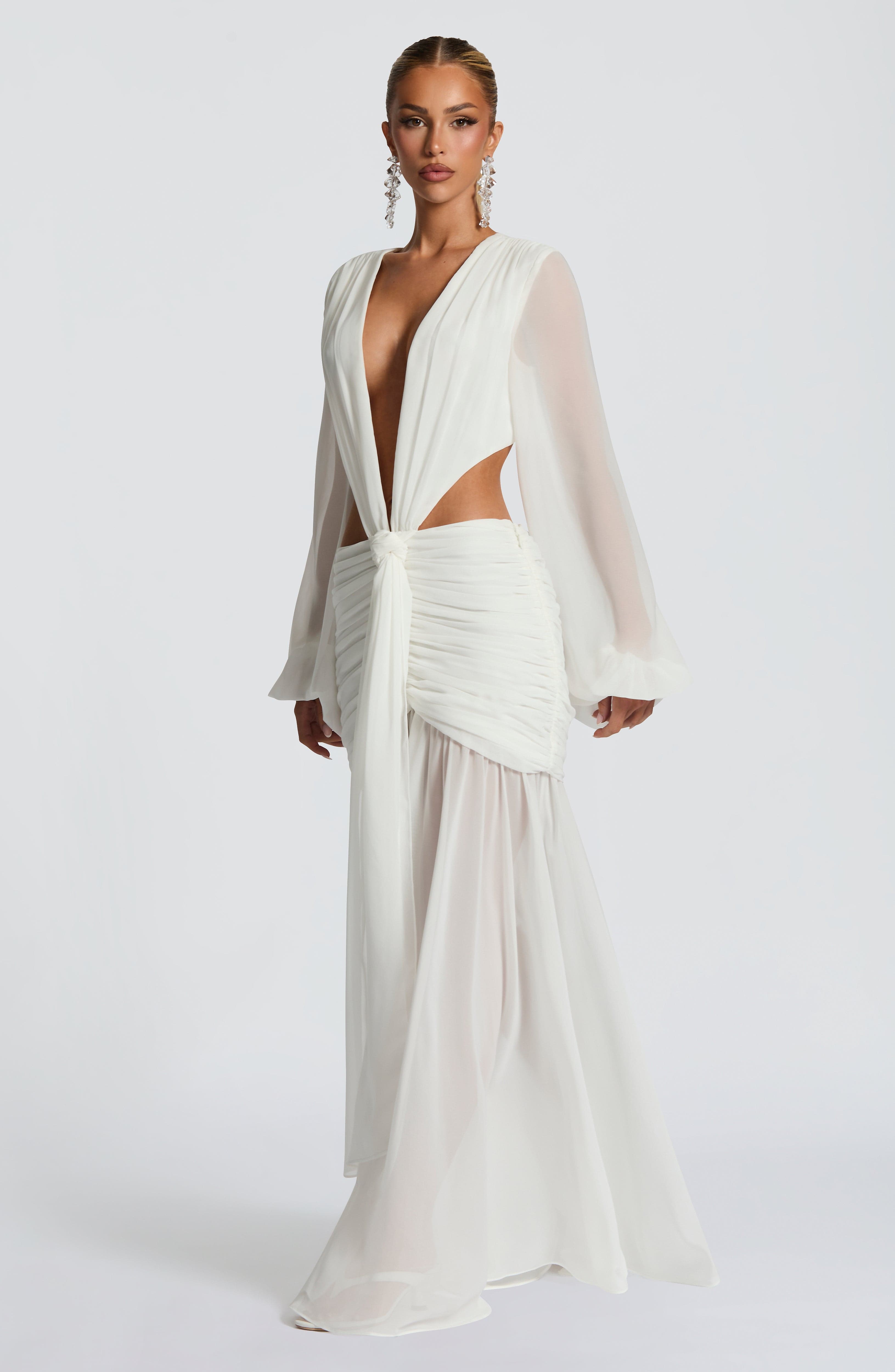 Andrina Ivory Chiffon Maxi Dress with Lace-Up Back