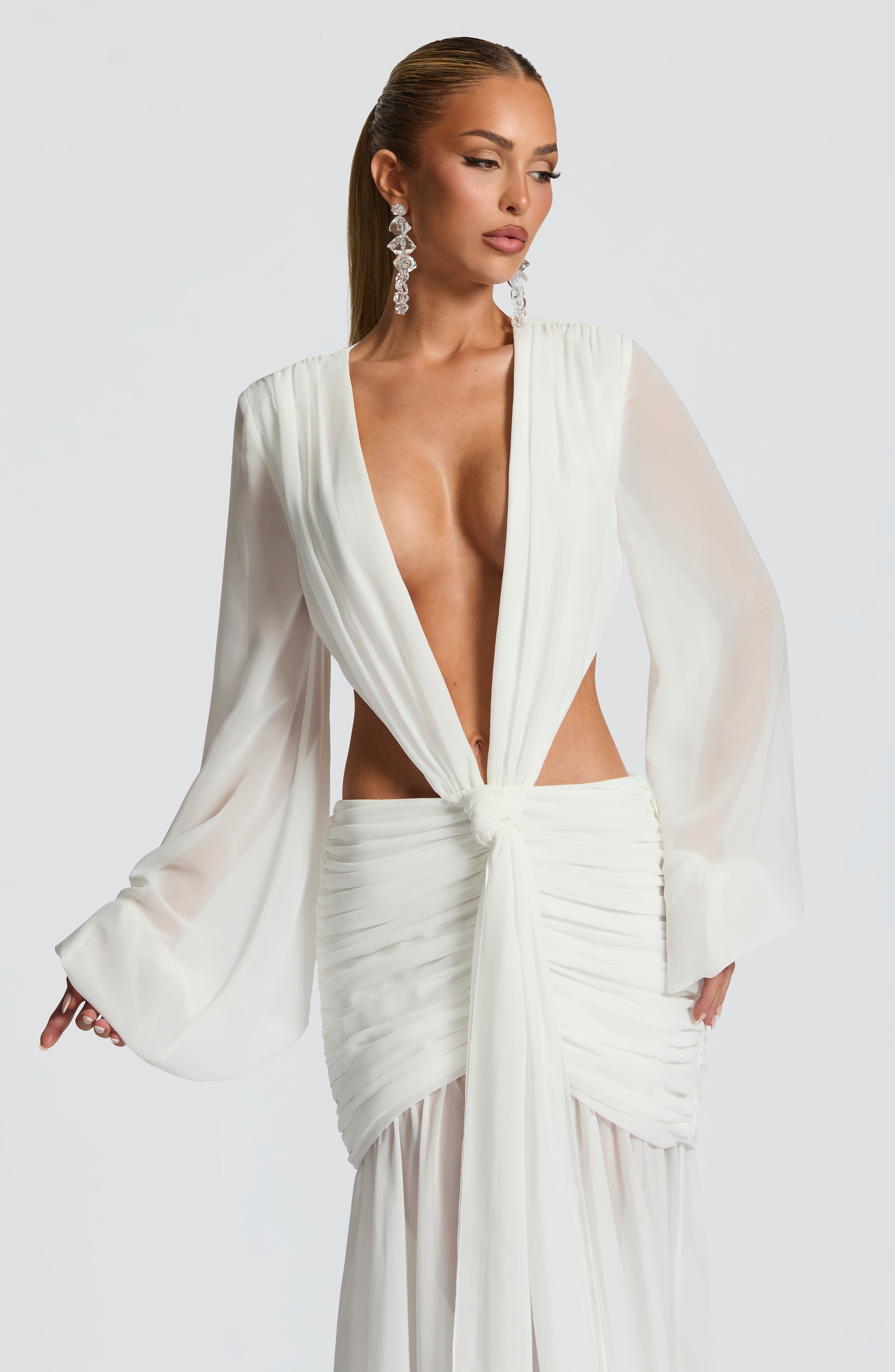 Andrina Ivory Chiffon Maxi Dress with Lace-Up Back