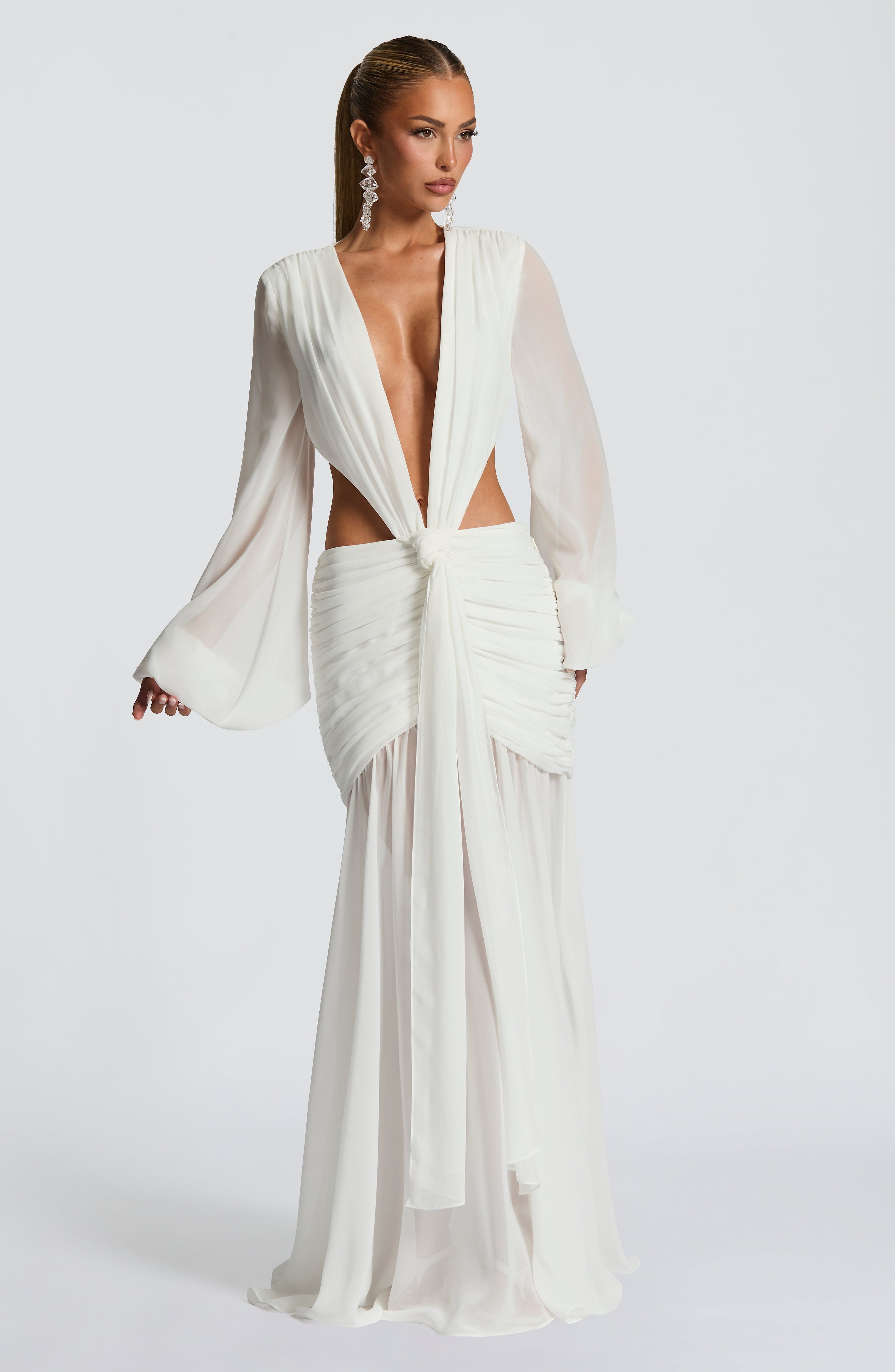 Andrina Ivory Chiffon Maxi Dress with Lace-Up Back