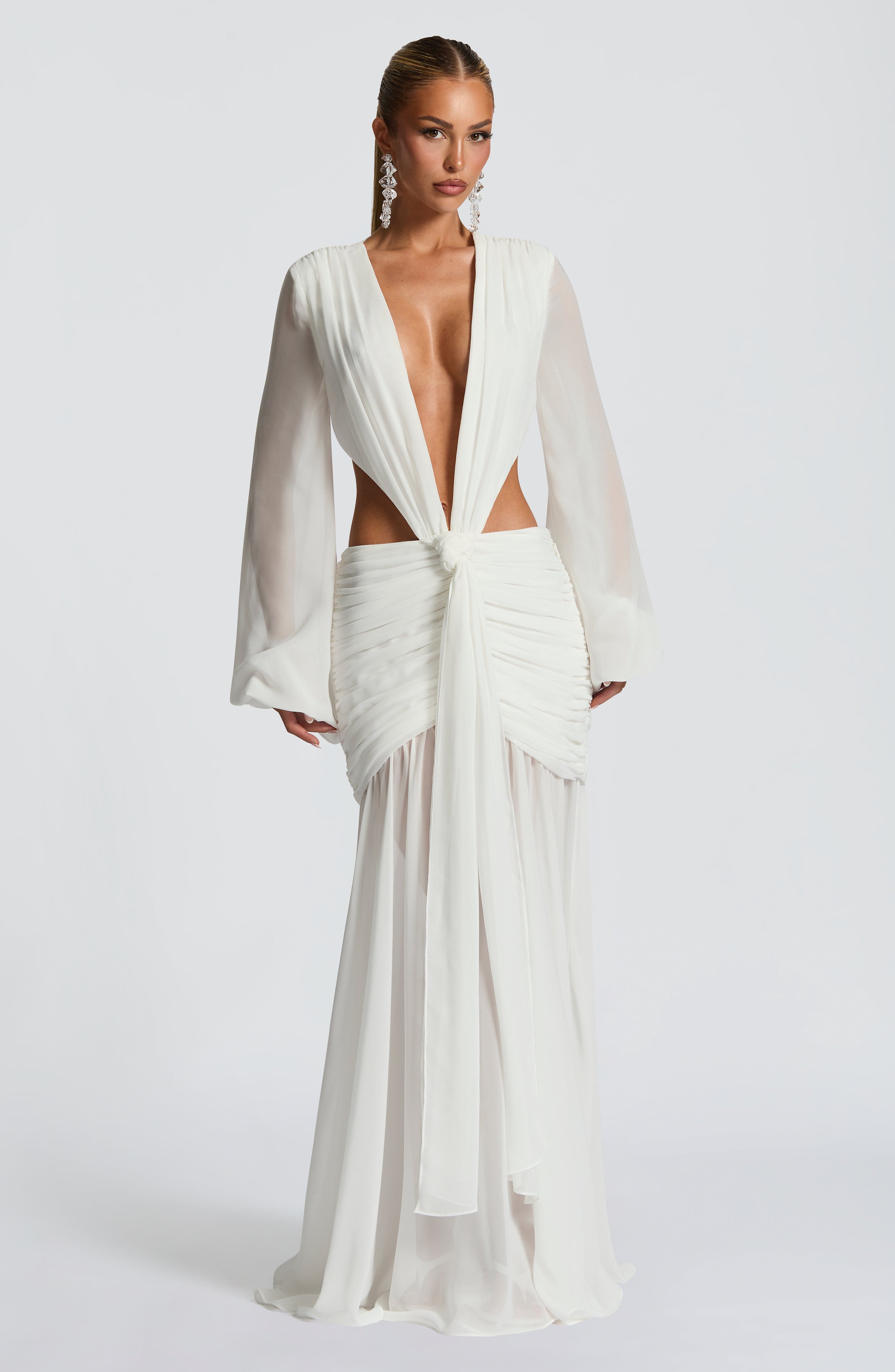 Andrina Ivory Chiffon Maxi Dress with Lace-Up Back
