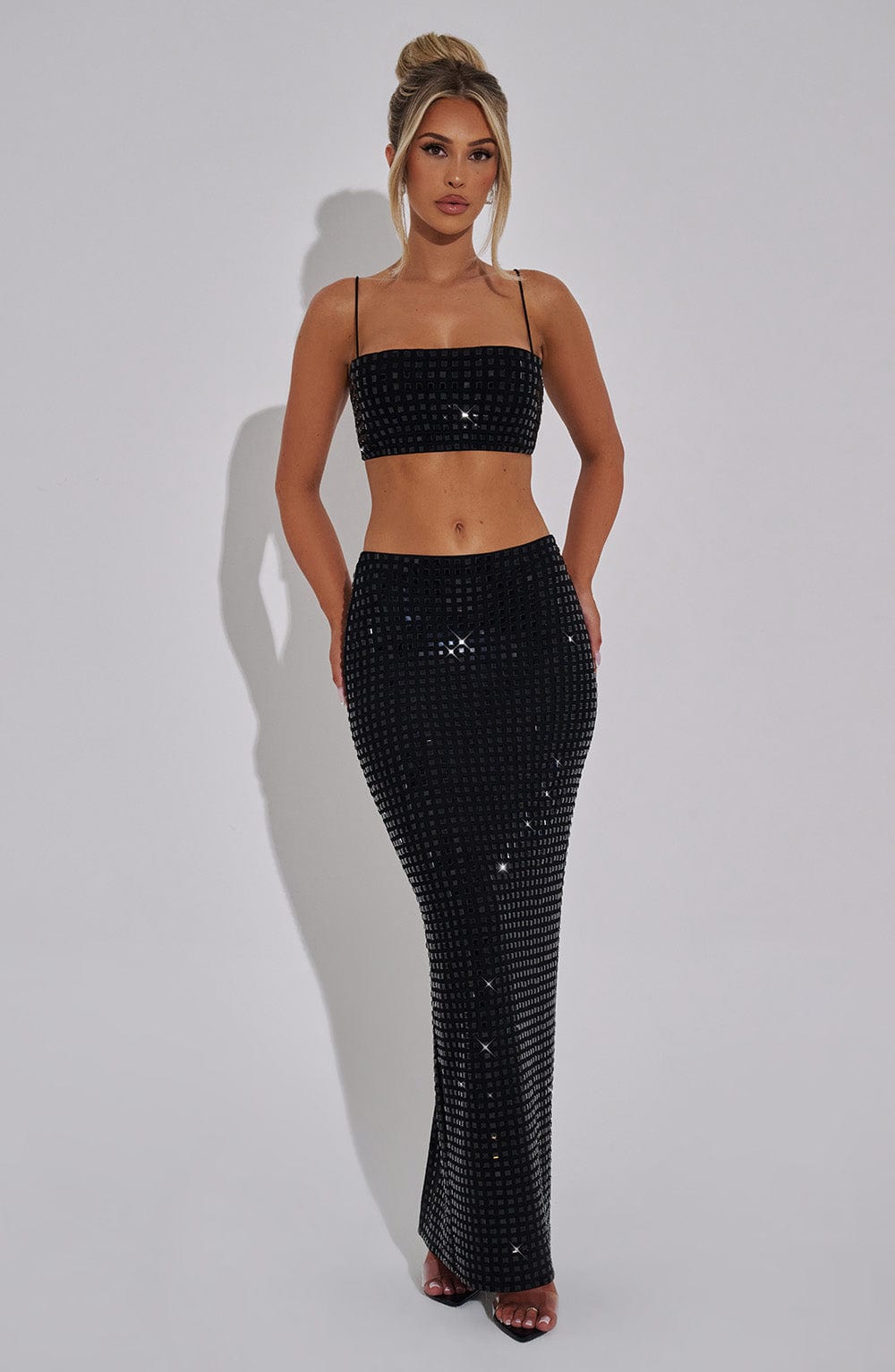 Black Rhinestone Mesh Top - Dimity Cropped Blouse with Spaghetti Straps