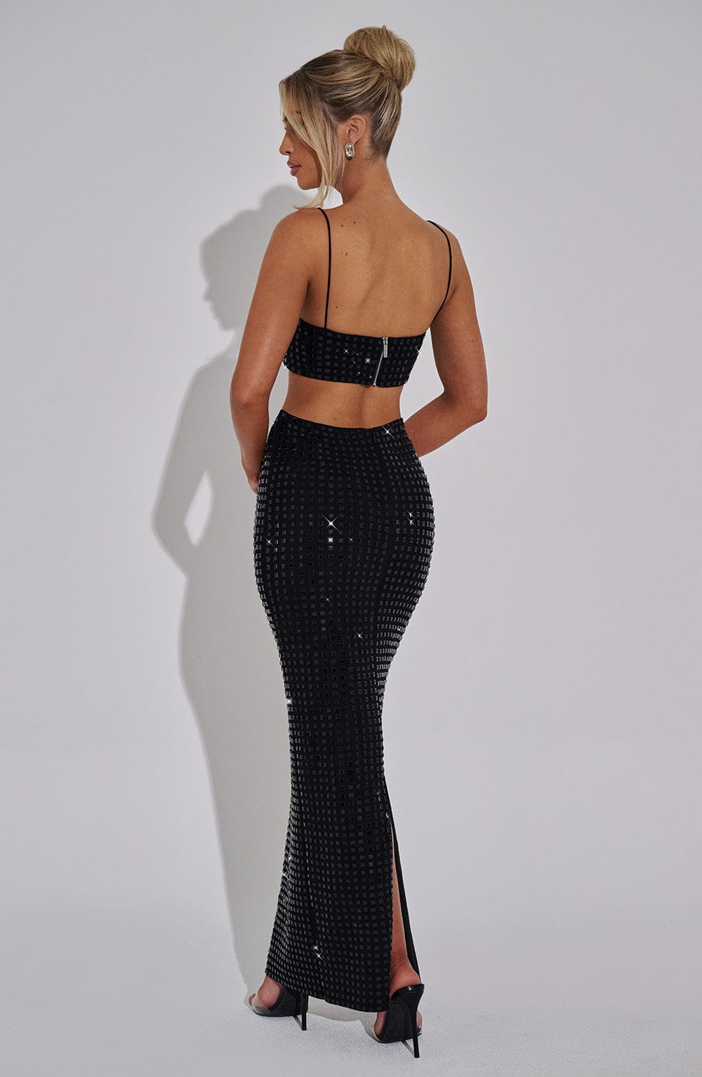 Black Rhinestone Mesh Top - Dimity Cropped Blouse with Spaghetti Straps