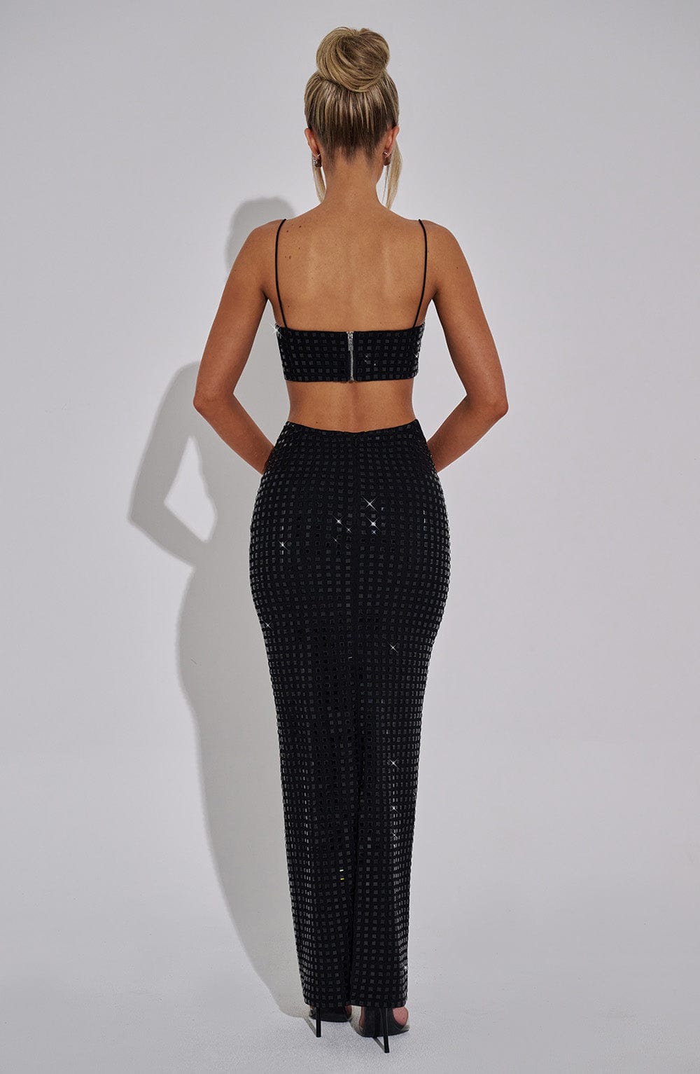 Black Rhinestone Mesh Top - Dimity Cropped Blouse with Spaghetti Straps