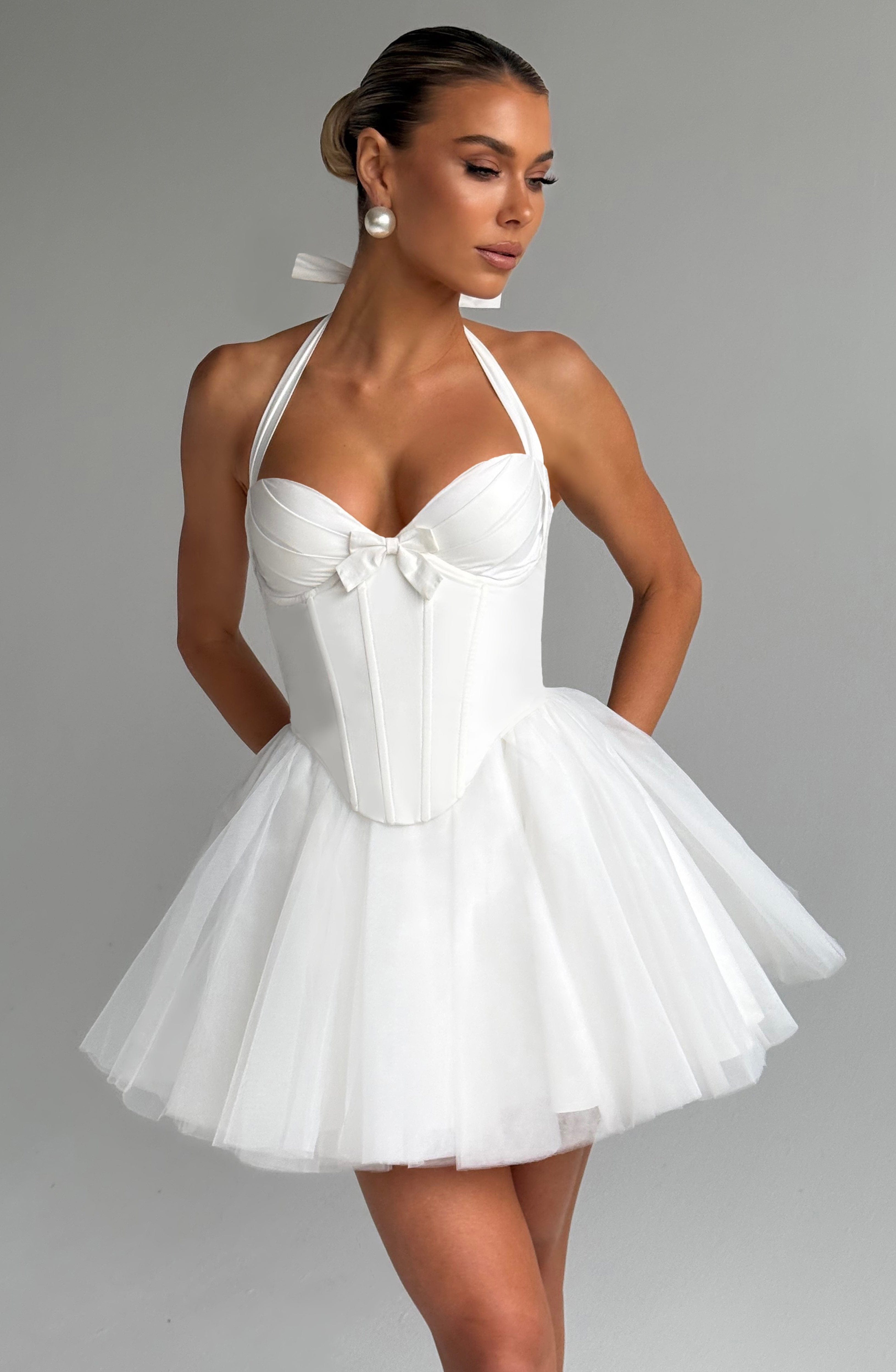 Ivory Keely Mini Dress with Tulle Skirt & Lace-Up Back