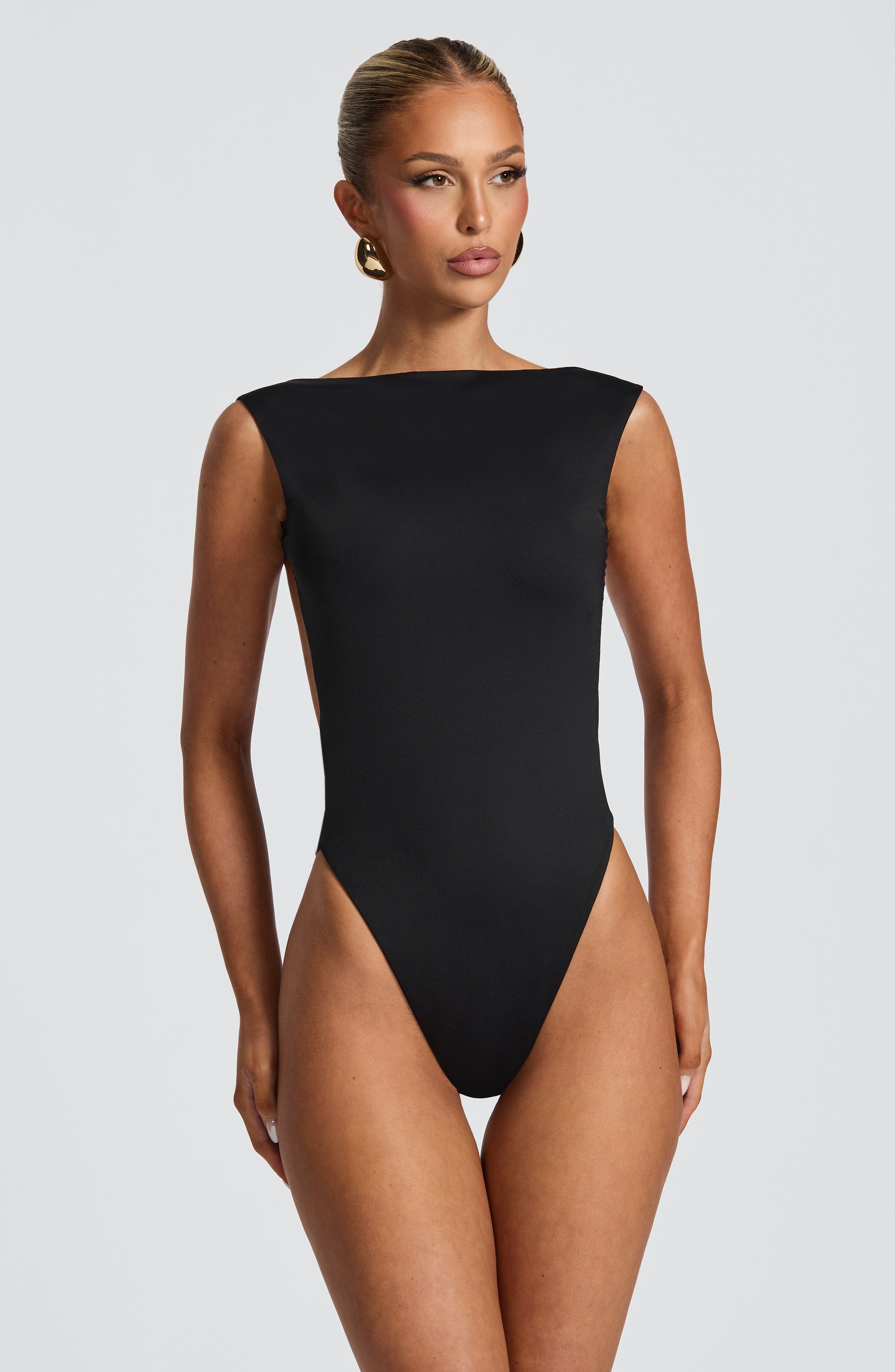 Black Tori Bodysuit - High Neck, Open Back, Slinky Jersey