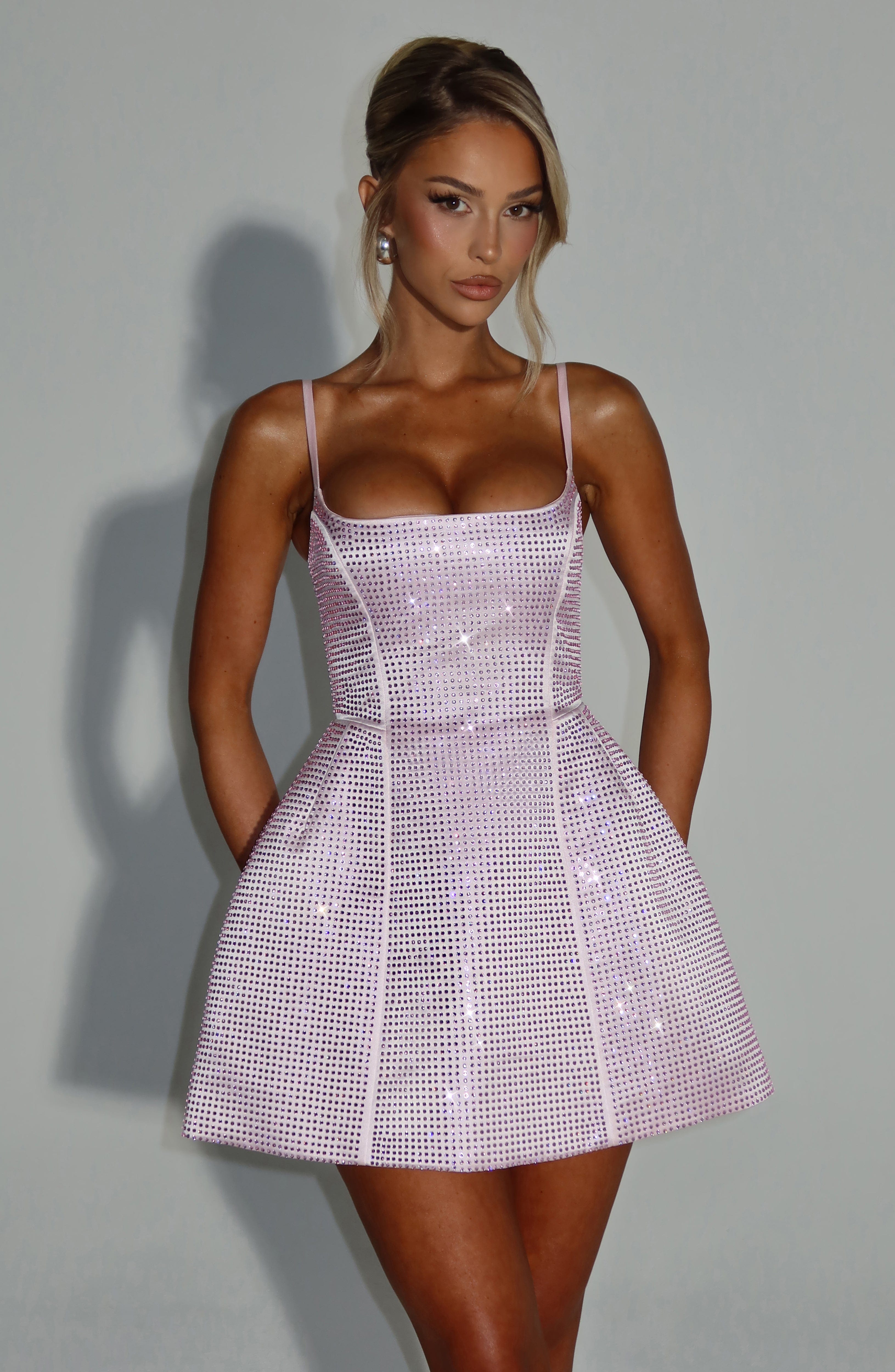 Emma Blush Satin Mini Dress with Rhinestones & Lace-Up Back