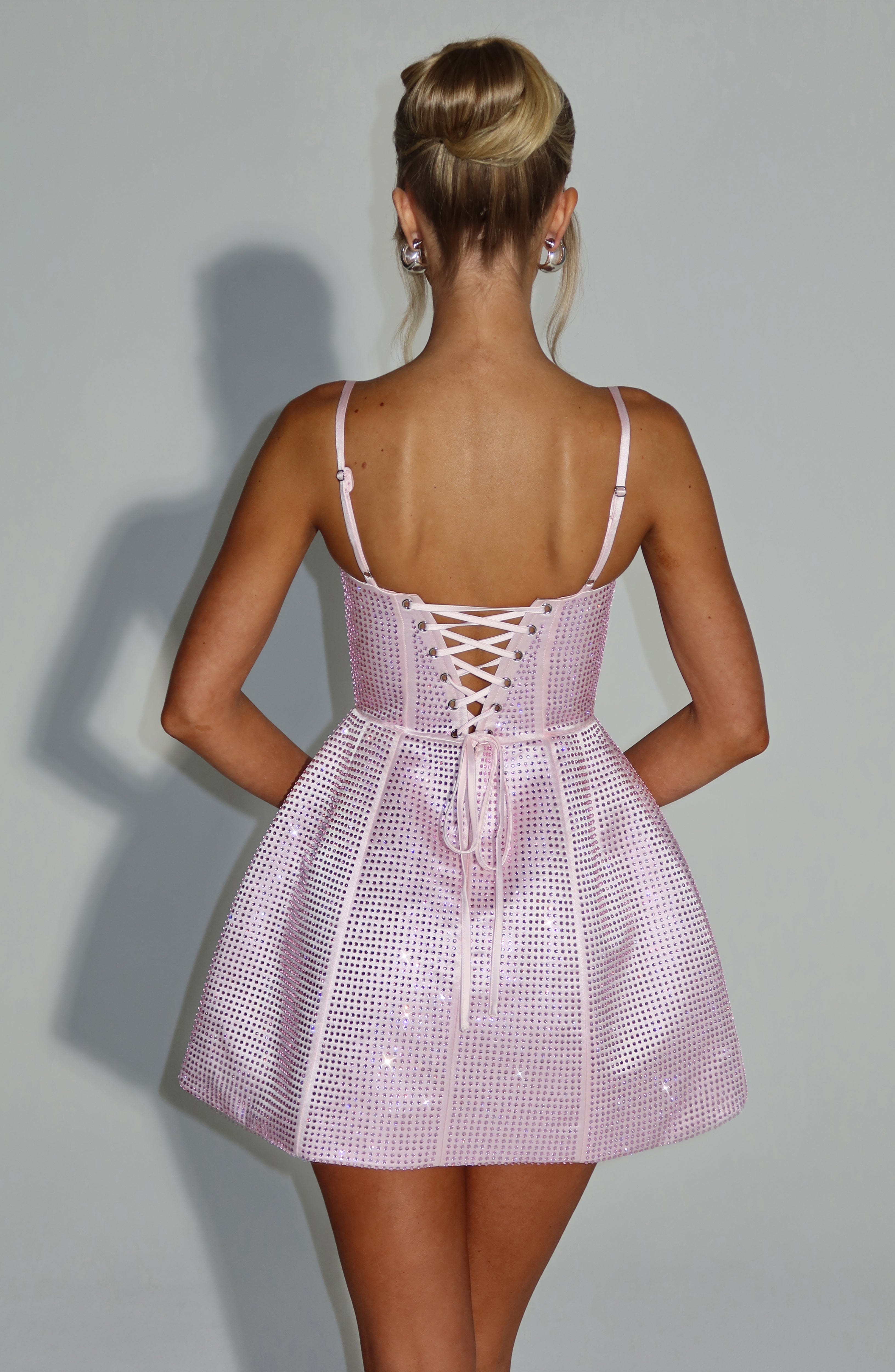 Emma Blush Satin Mini Dress with Rhinestones & Lace-Up Back