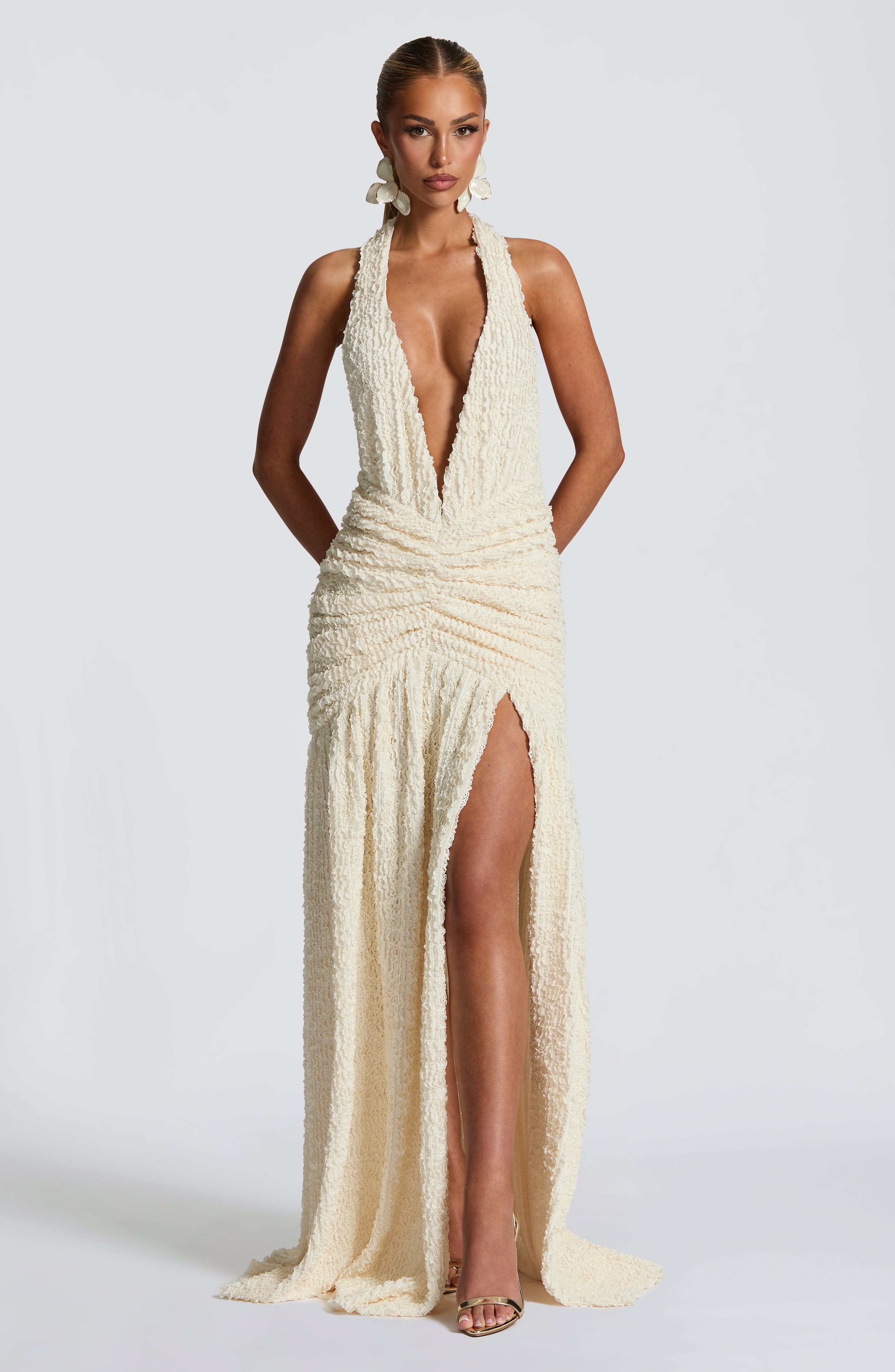 Ivory Minerva Halterneck Maxi Dress with Thigh Split