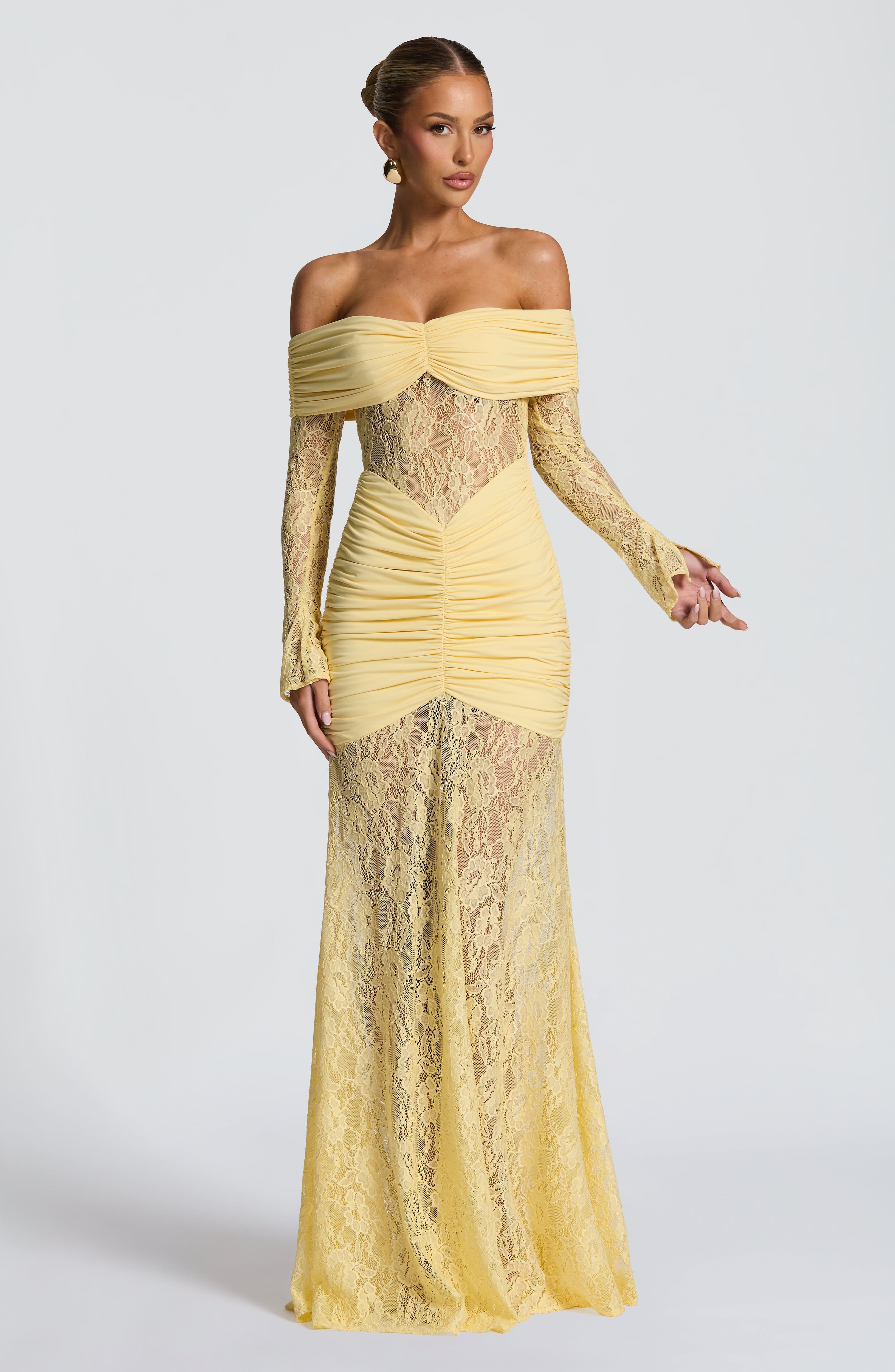 Lemon Sauline Maxi Dress with Lace Details & Body-Hugging Fit