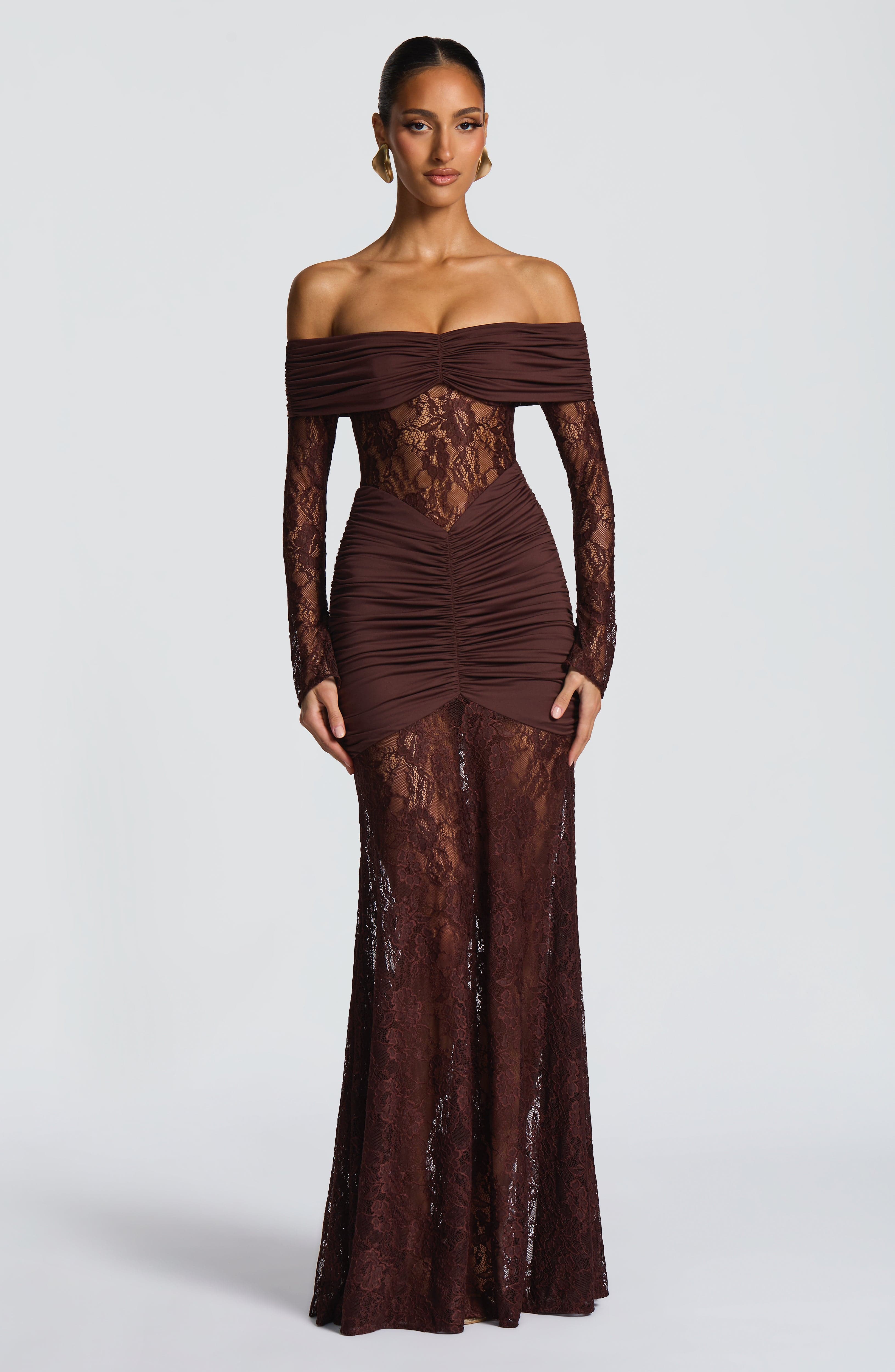 Plum Brown Sauline Maxi Dress with Sheer Lace Sleeves & Flared Skirt
