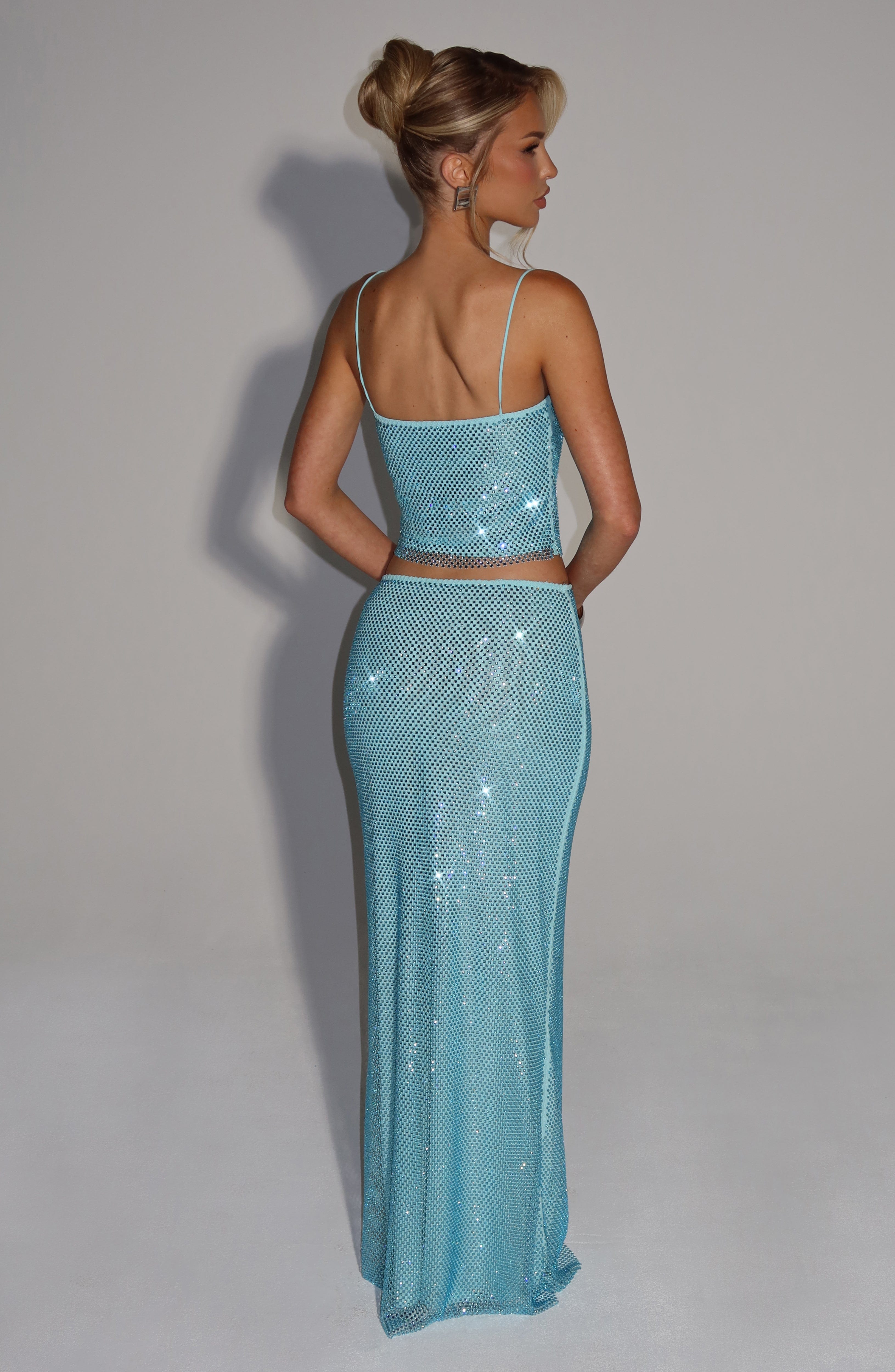 Aqua Rhinestone Maxi Skirt with Mesh Lining - Hali