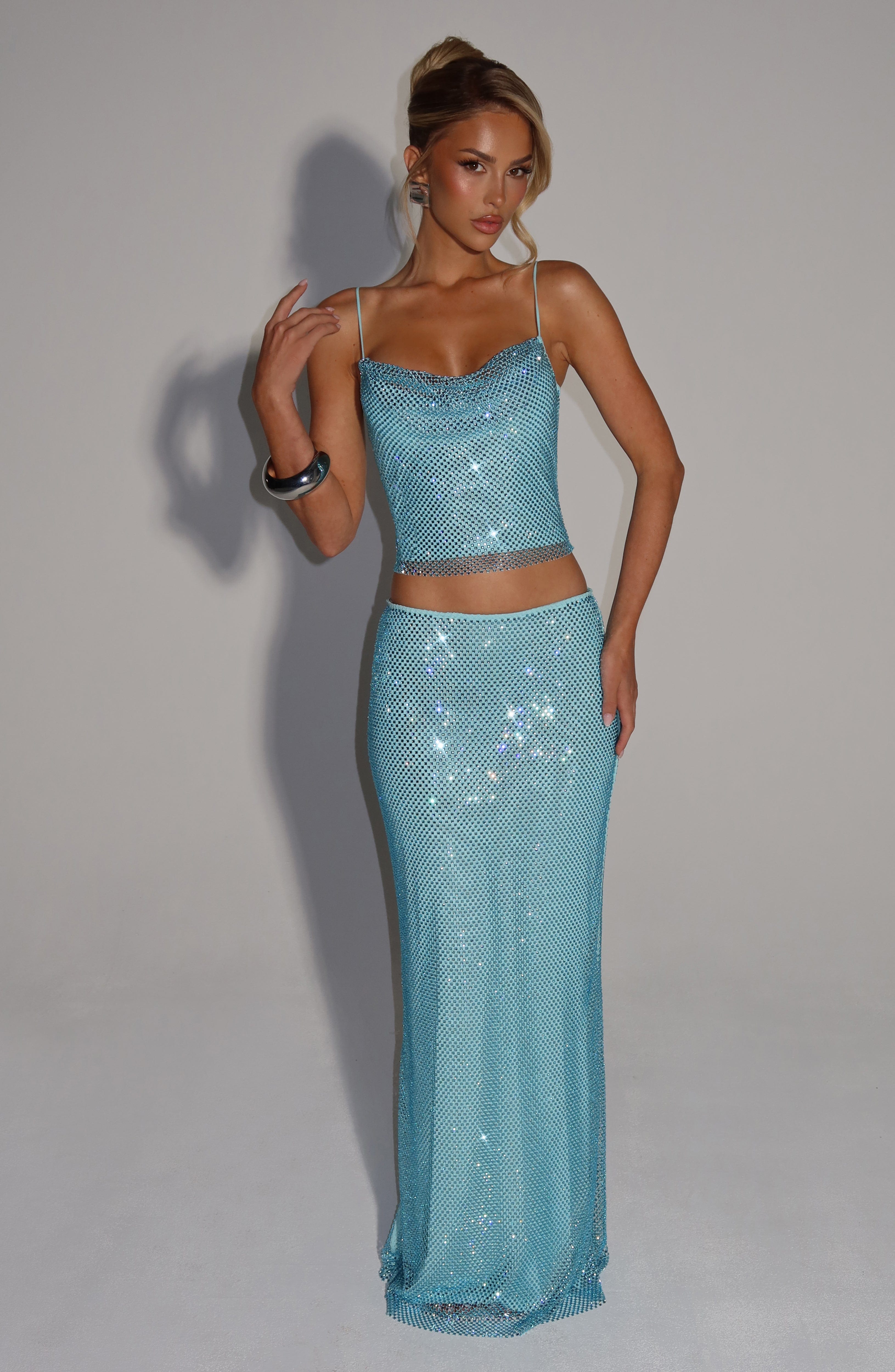 Aqua Rhinestone Maxi Skirt with Mesh Lining - Hali