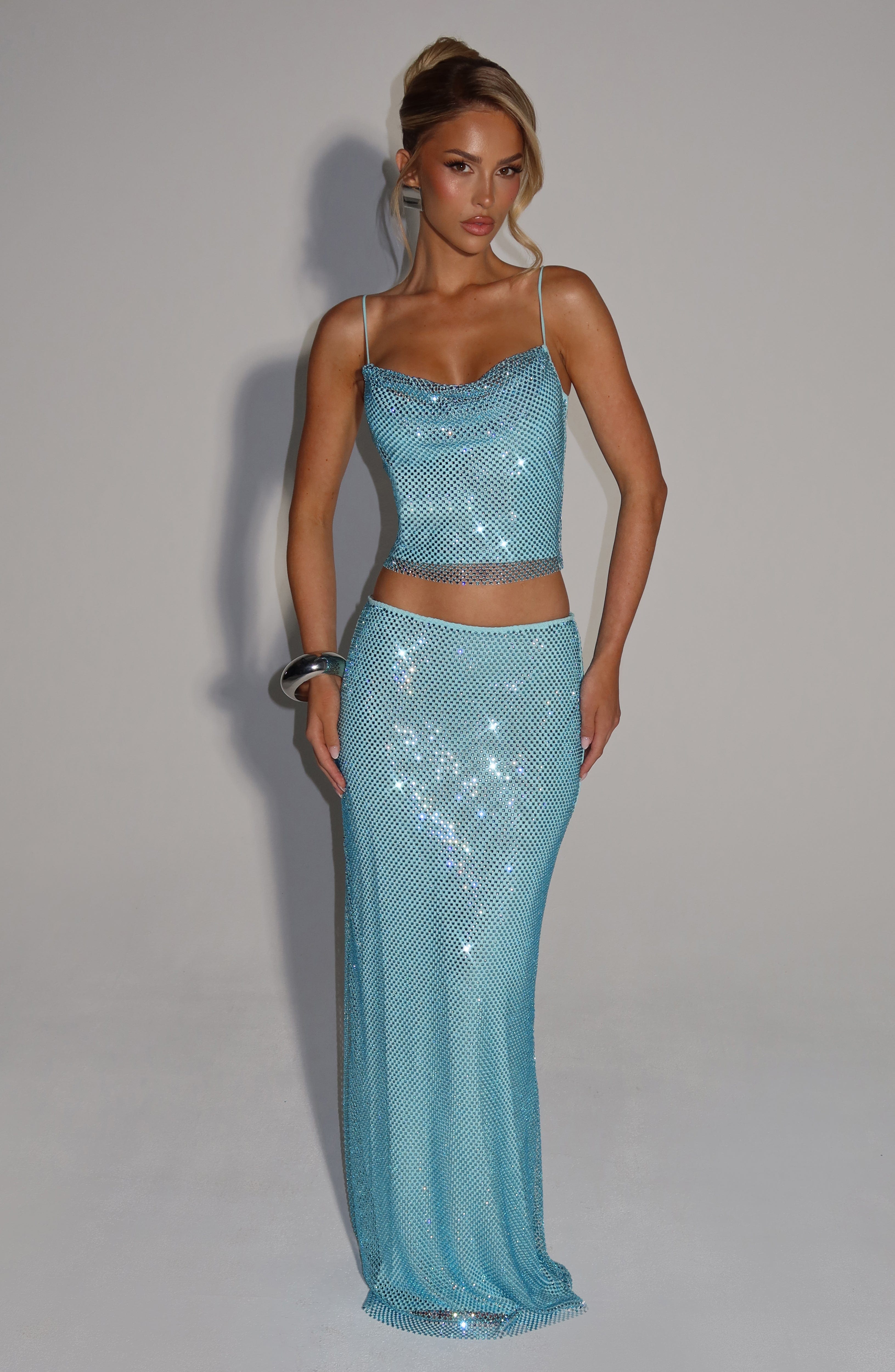 Aqua Rhinestone Maxi Skirt with Mesh Lining - Hali
