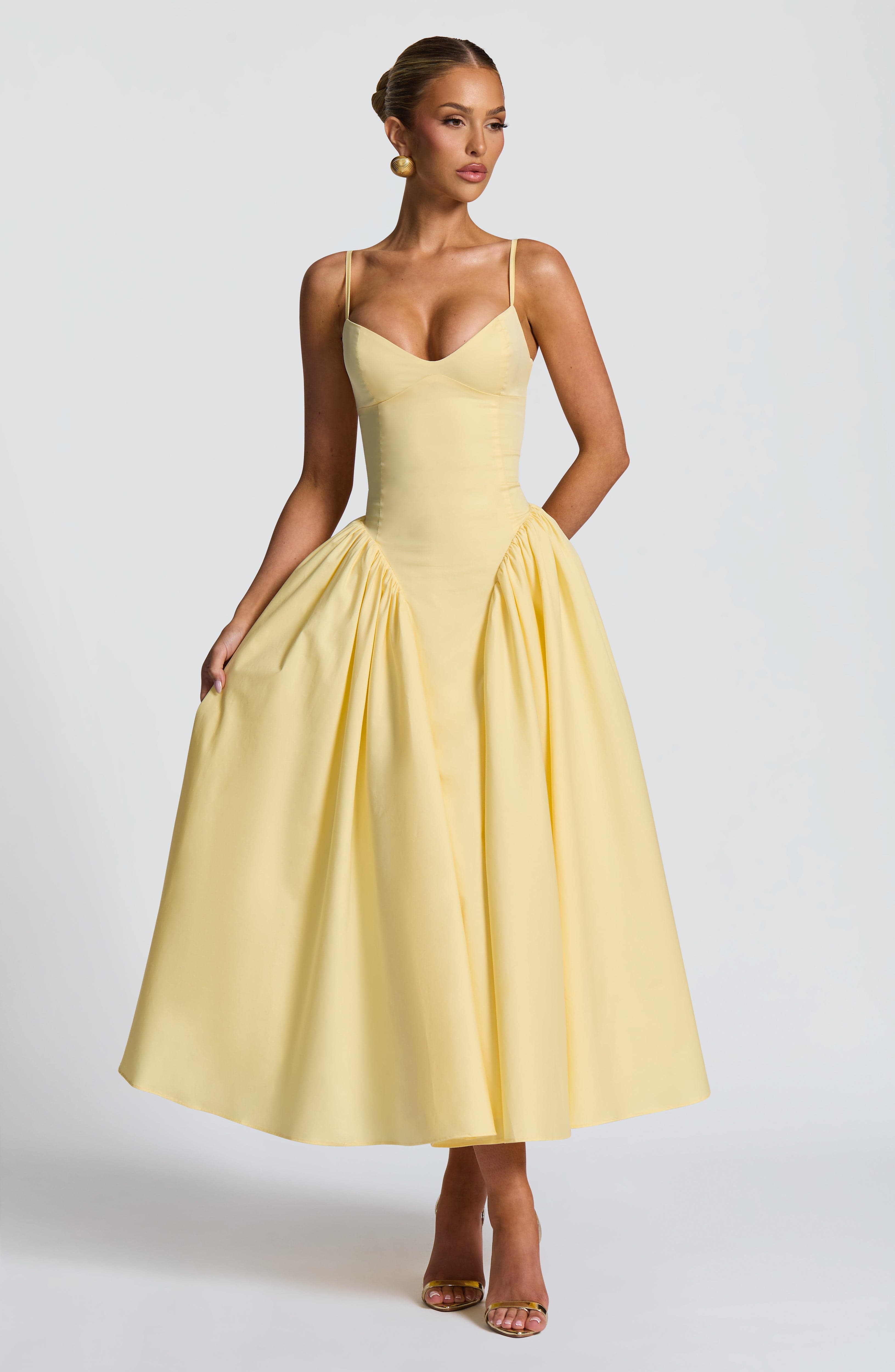 Emerson Lemon Sweetheart Midi Dress with Lace-Up Back