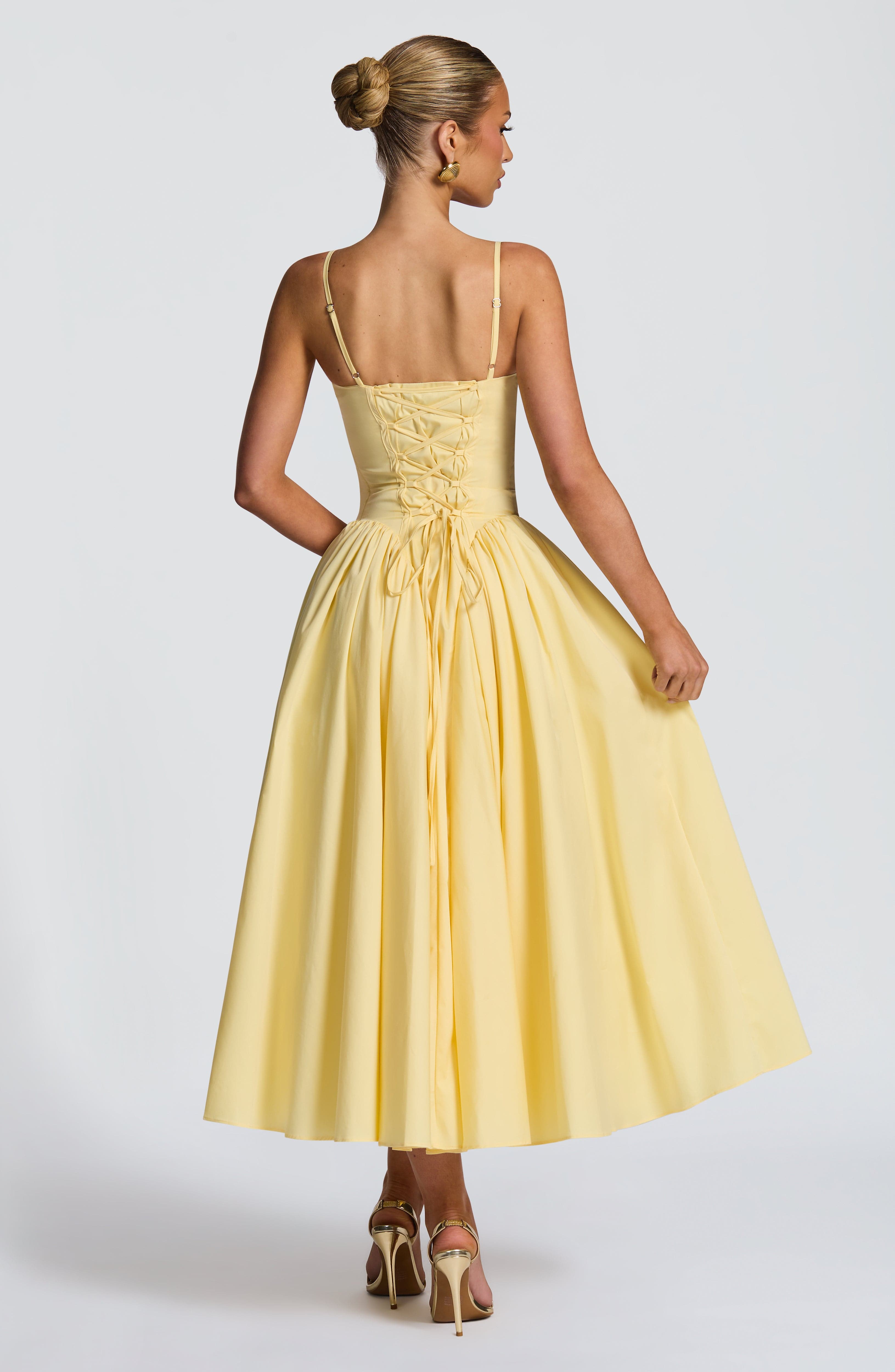 Emerson Lemon Sweetheart Midi Dress with Lace-Up Back