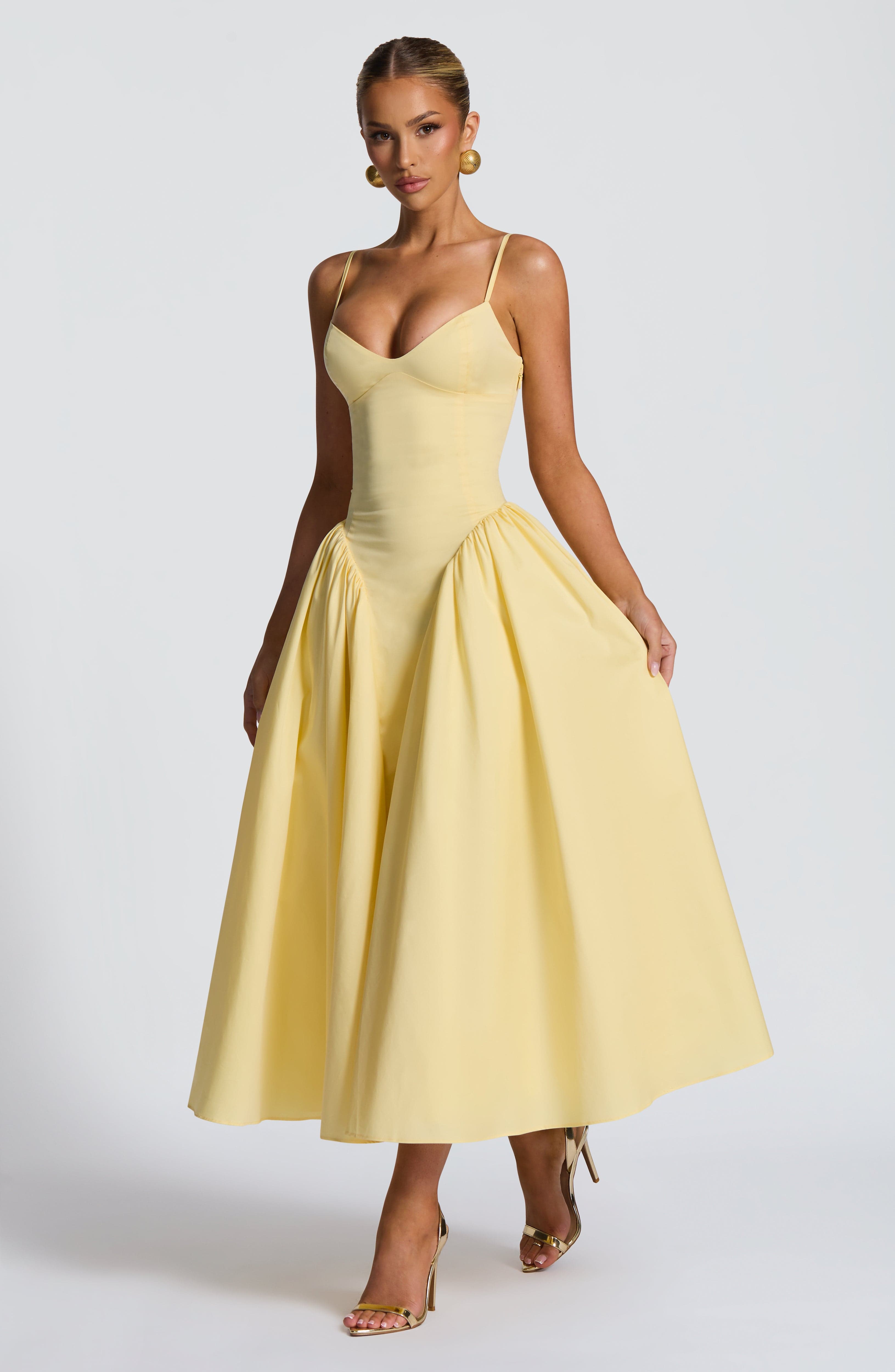 Emerson Lemon Sweetheart Midi Dress with Lace-Up Back