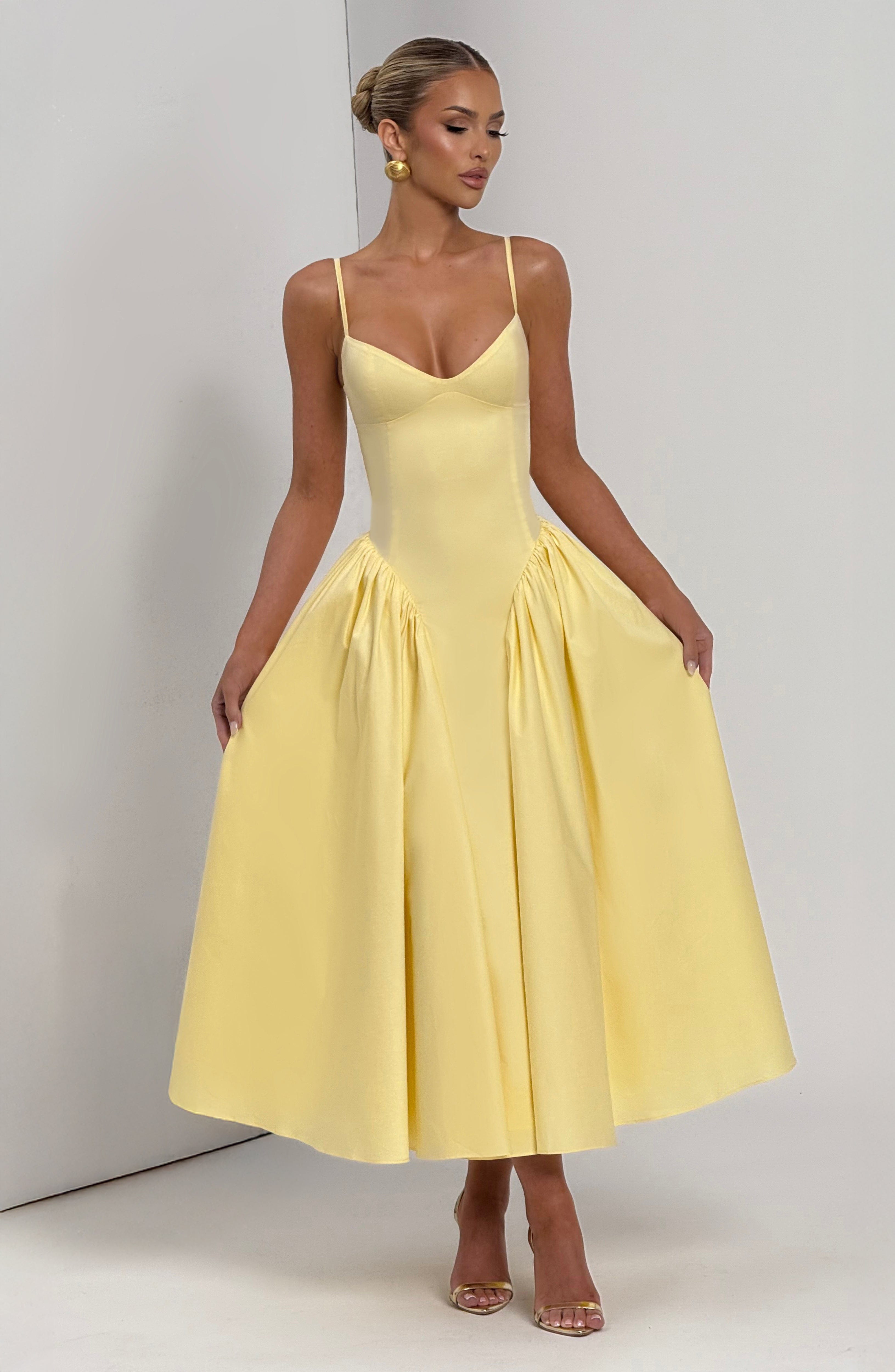 Emerson Lemon Sweetheart Midi Dress with Lace-Up Back