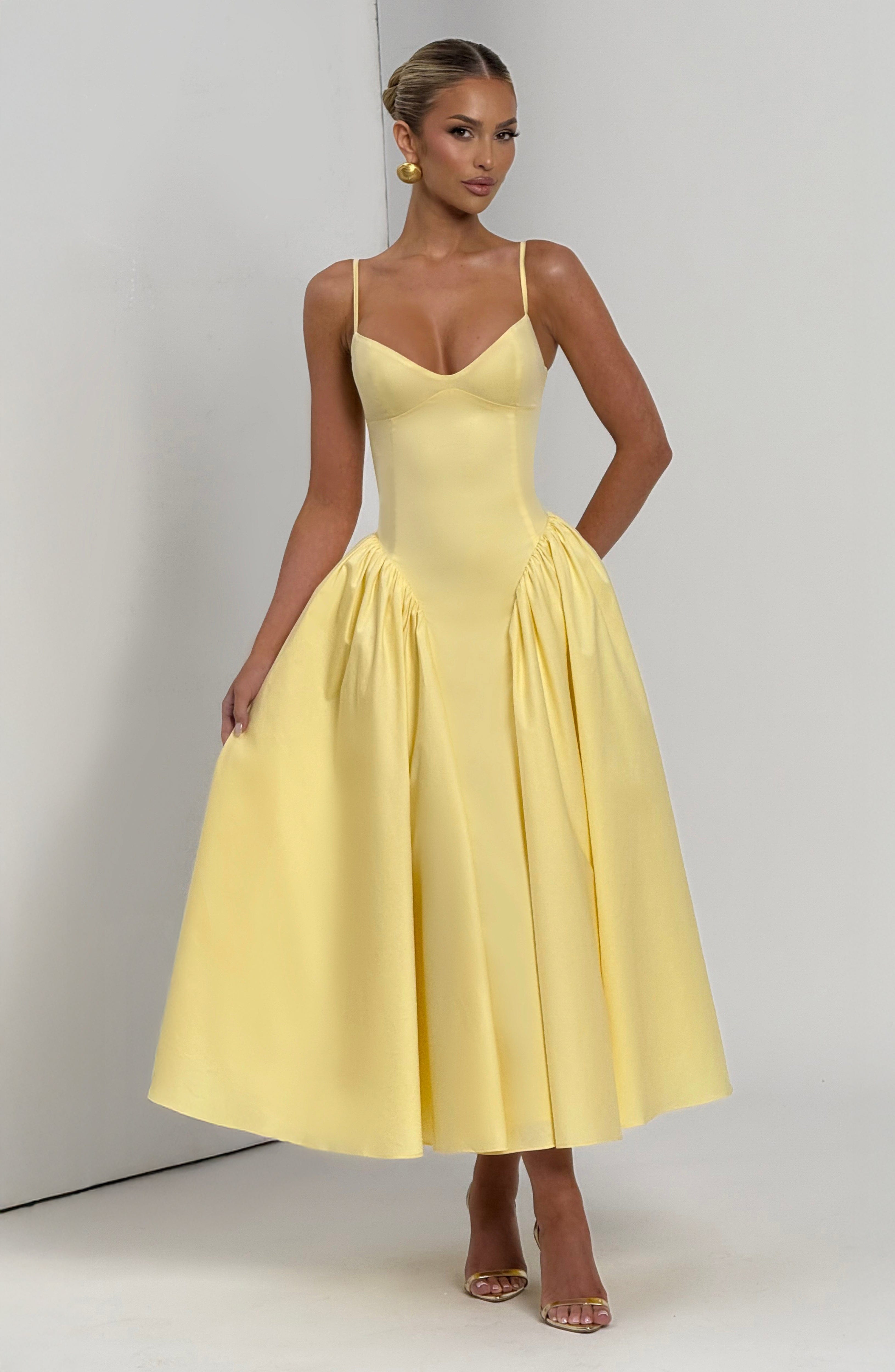 Emerson Lemon Sweetheart Midi Dress with Lace-Up Back