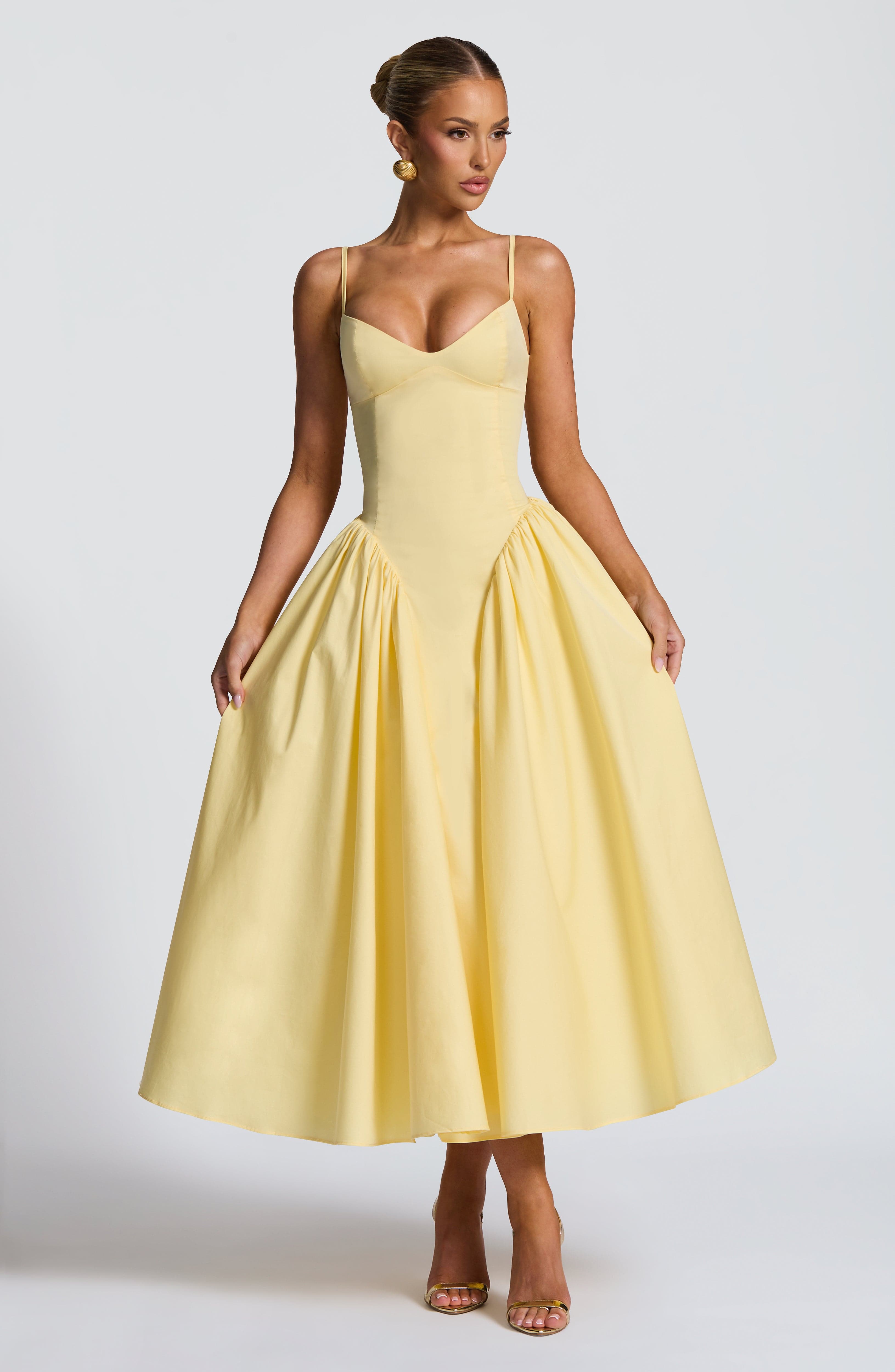 Emerson Lemon Sweetheart Midi Dress with Lace-Up Back