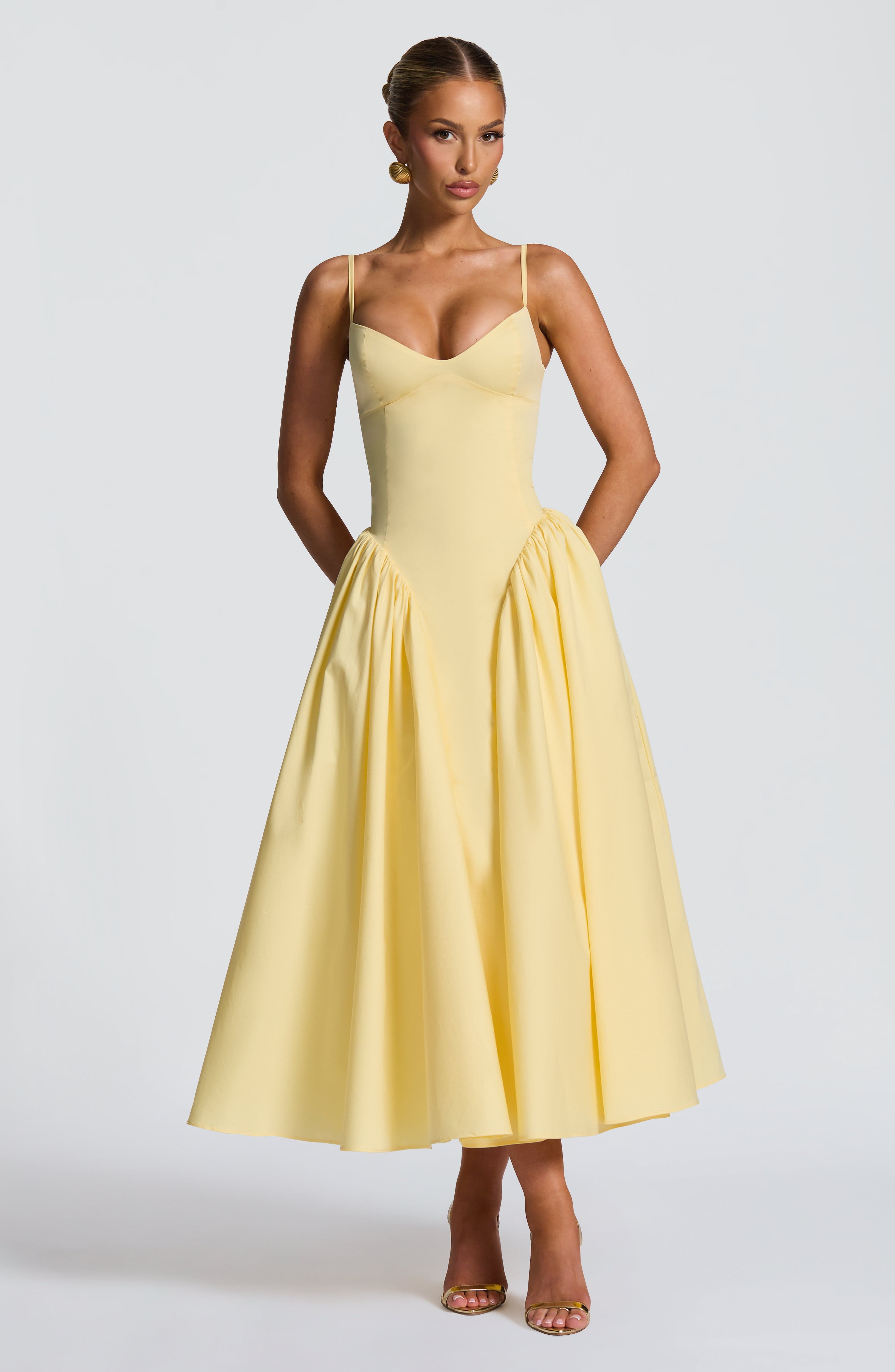 Emerson Lemon Sweetheart Midi Dress with Lace-Up Back