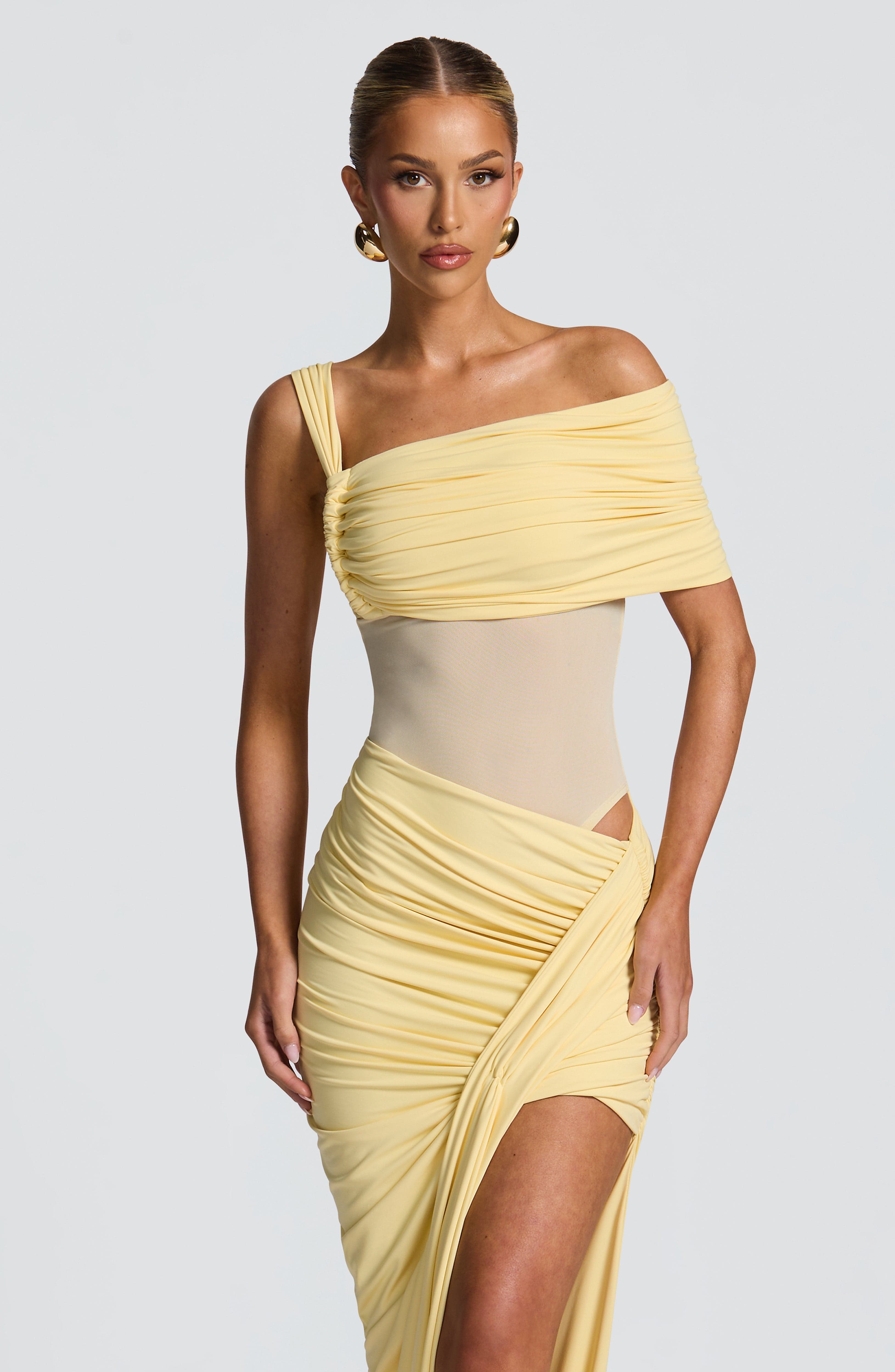 Lisette Lemon Bodysuit with Ruched Bust & Bardot Neckline