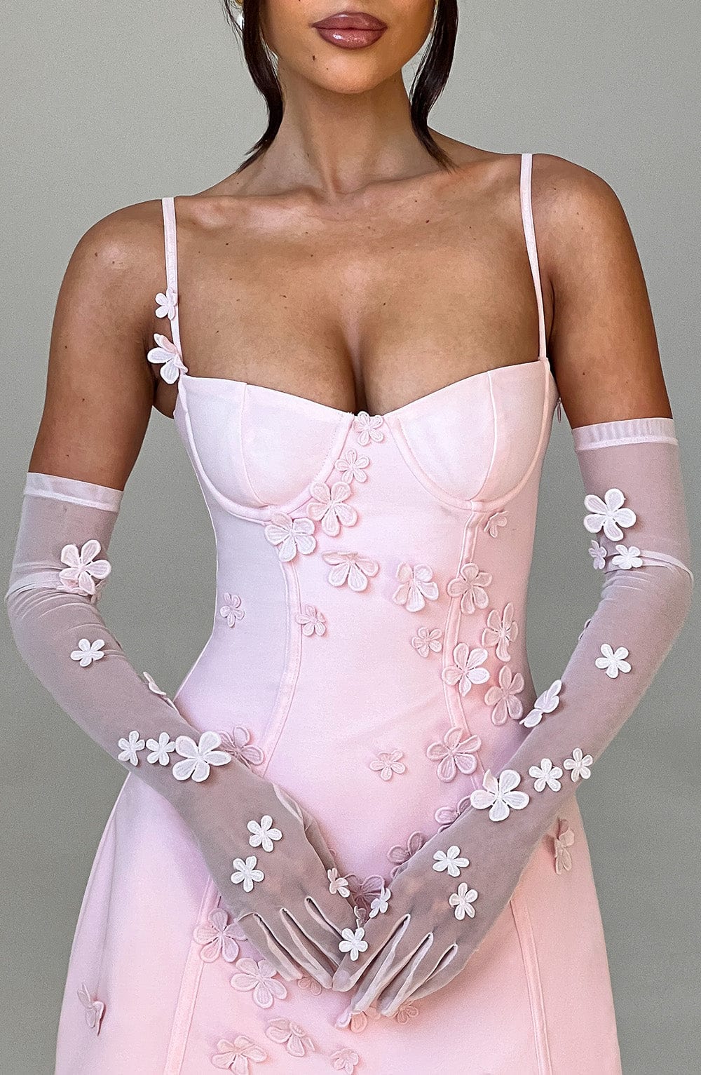 Dalary Blush Floral Applique Elbow Length Mesh Gloves