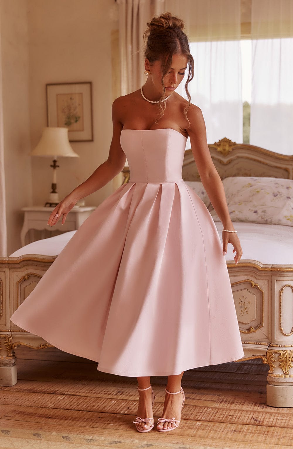 Blush Strapless Midi Dress with Boning & Pleated Skirt - Edith