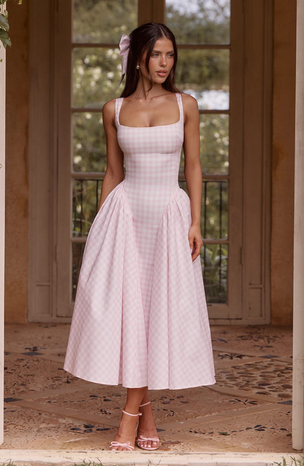 Sherrie Blush Gingham Midi Dress with Lace-Up Back