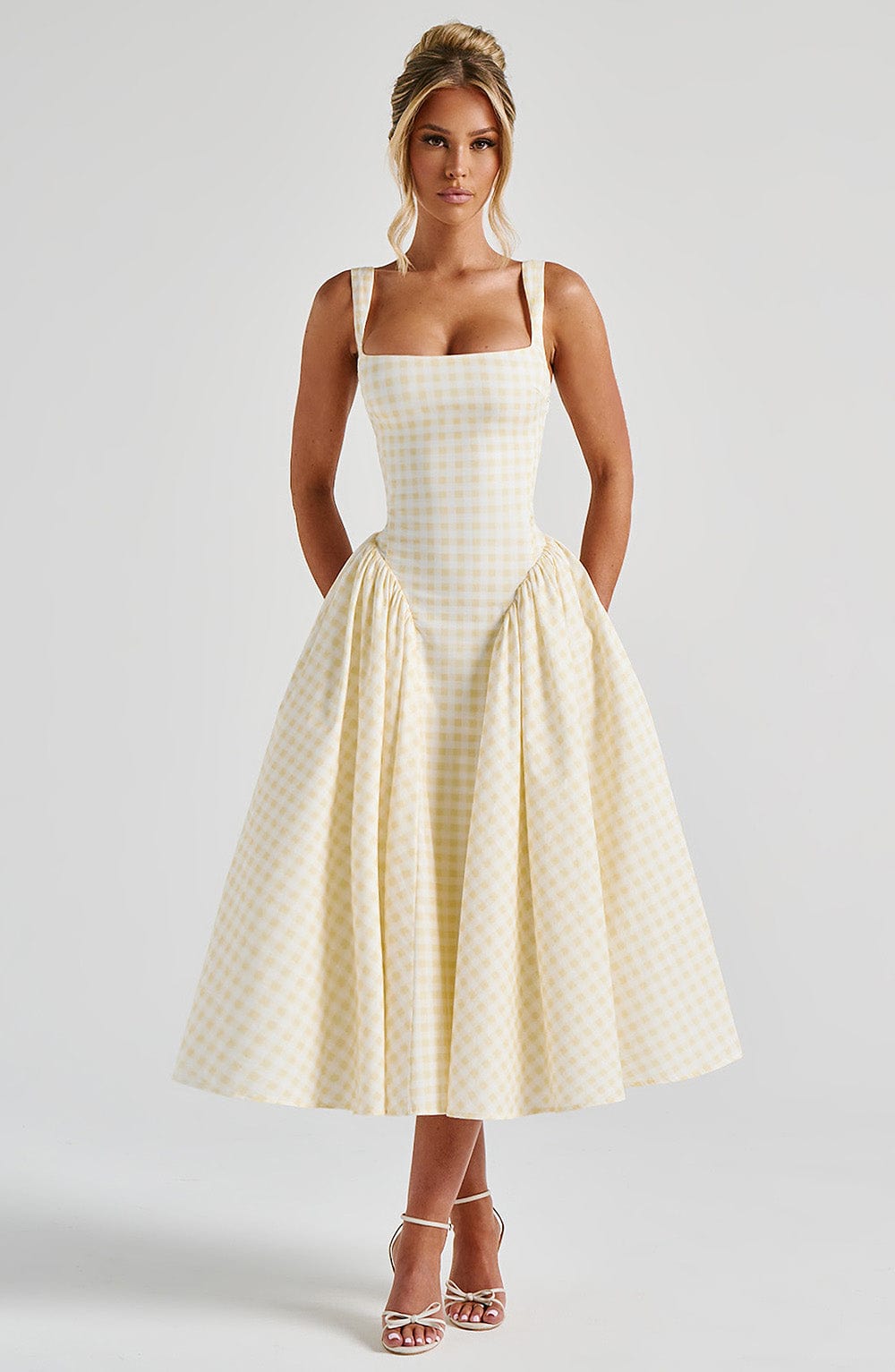 Lemon Gingham Sherrie Midi Dress with Lace-Up Back