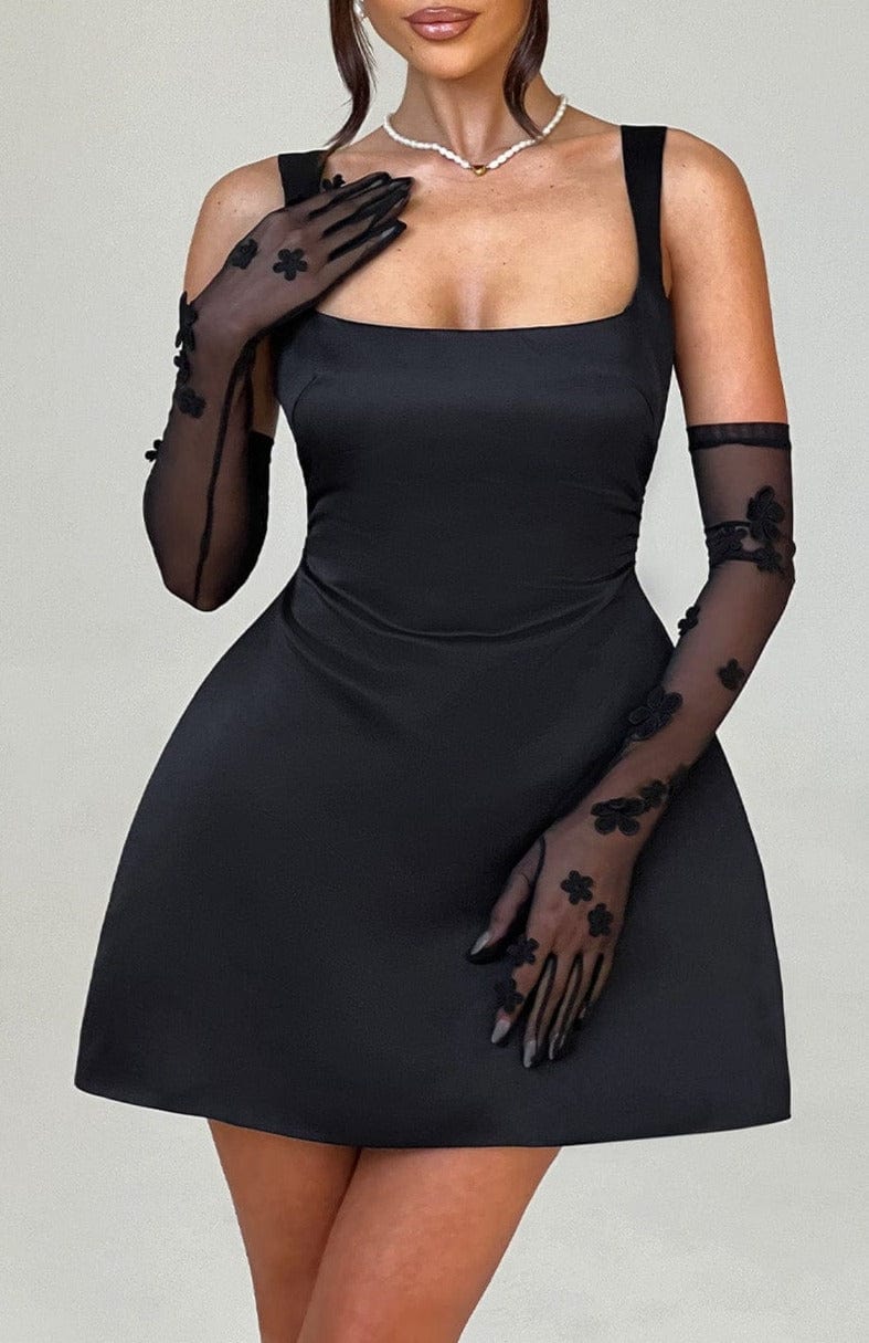 Dalary Black Sheer Mesh Gloves with 3D Floral Applique