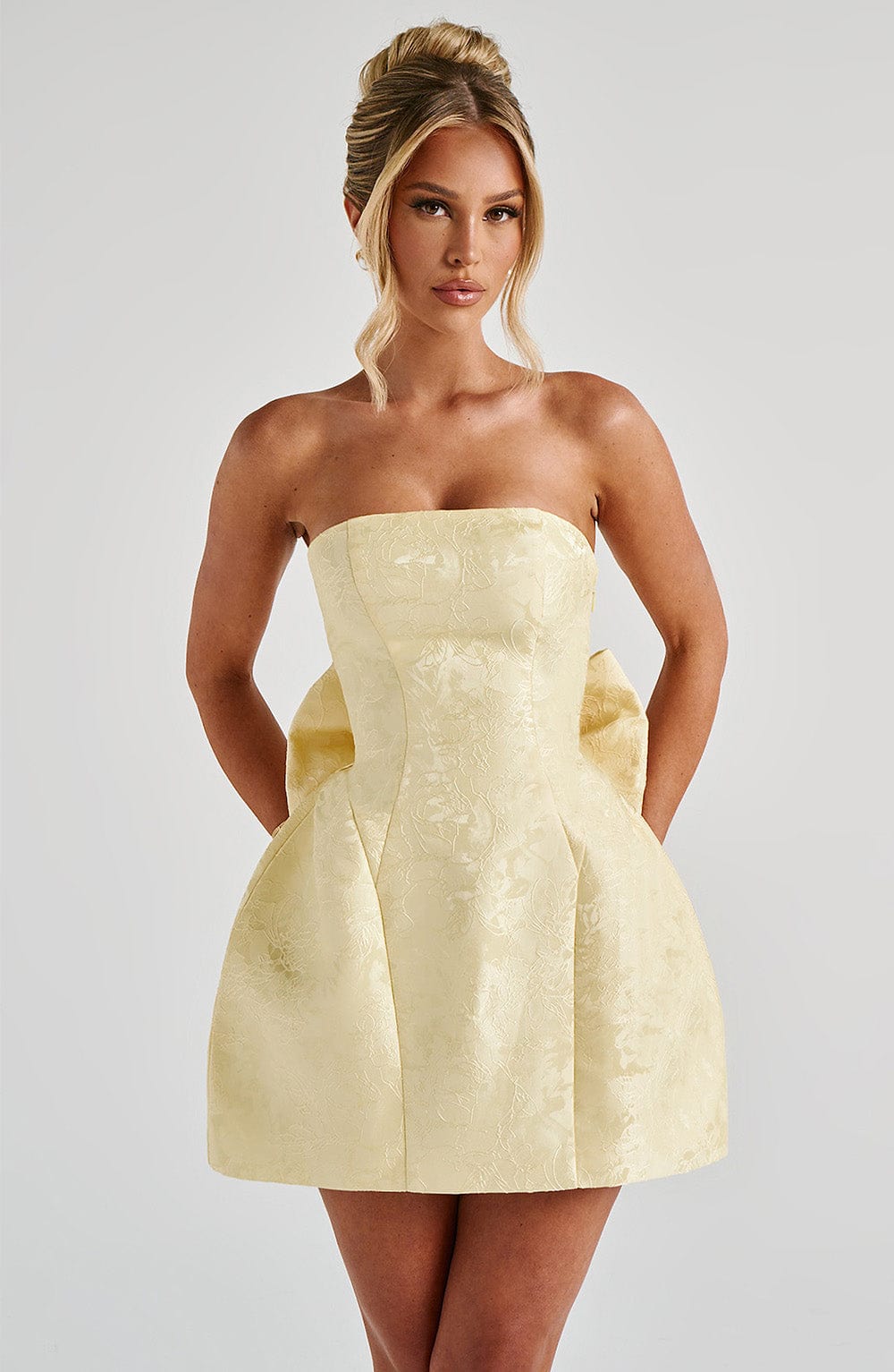Lemon Strapless Mini Dress with Detachable Bow - Elenora