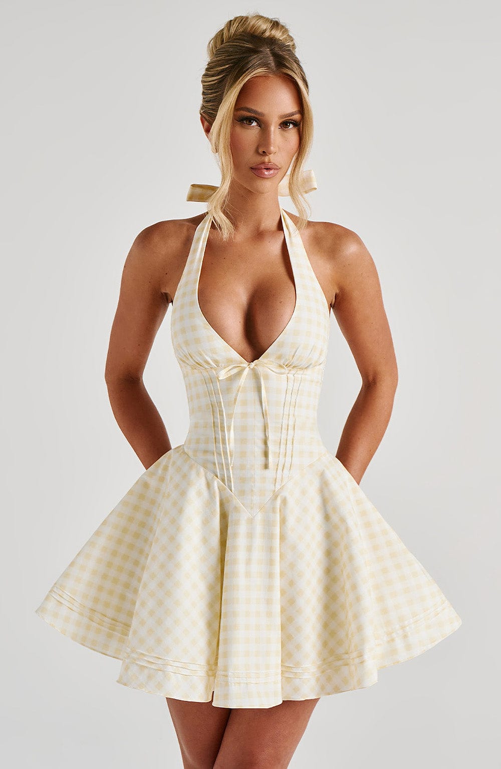 Lemon Gingham Doris Mini Dress - Halter Neck & Full Skirt