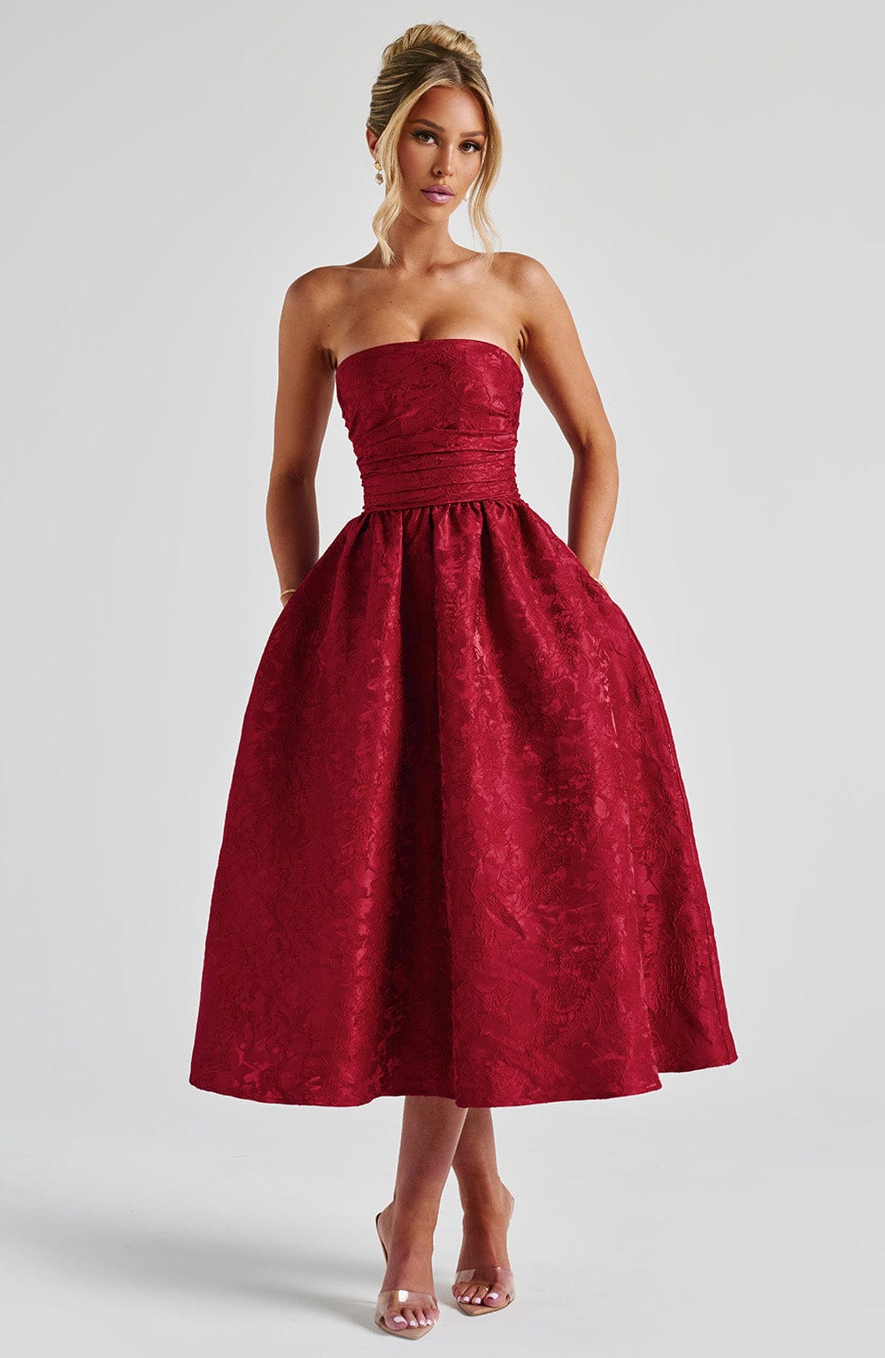 Red Strapless Midi Dress with Lace-Up Back - Saoirse