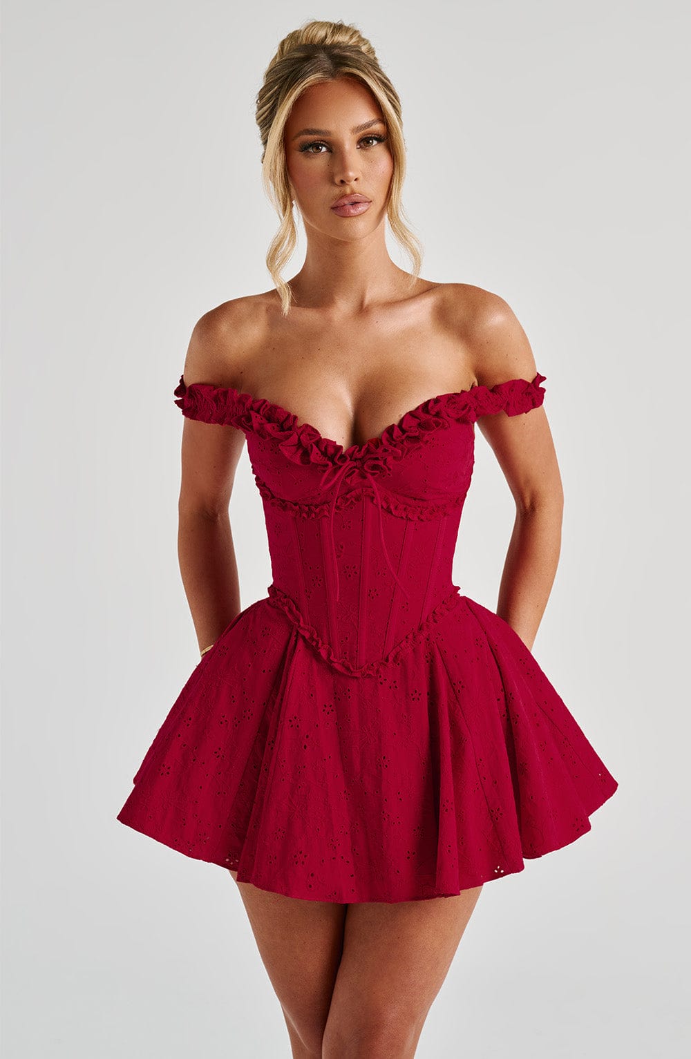 Red Floral Corset Playsuit with Removable Underbust & Ruffle Straps - Elva