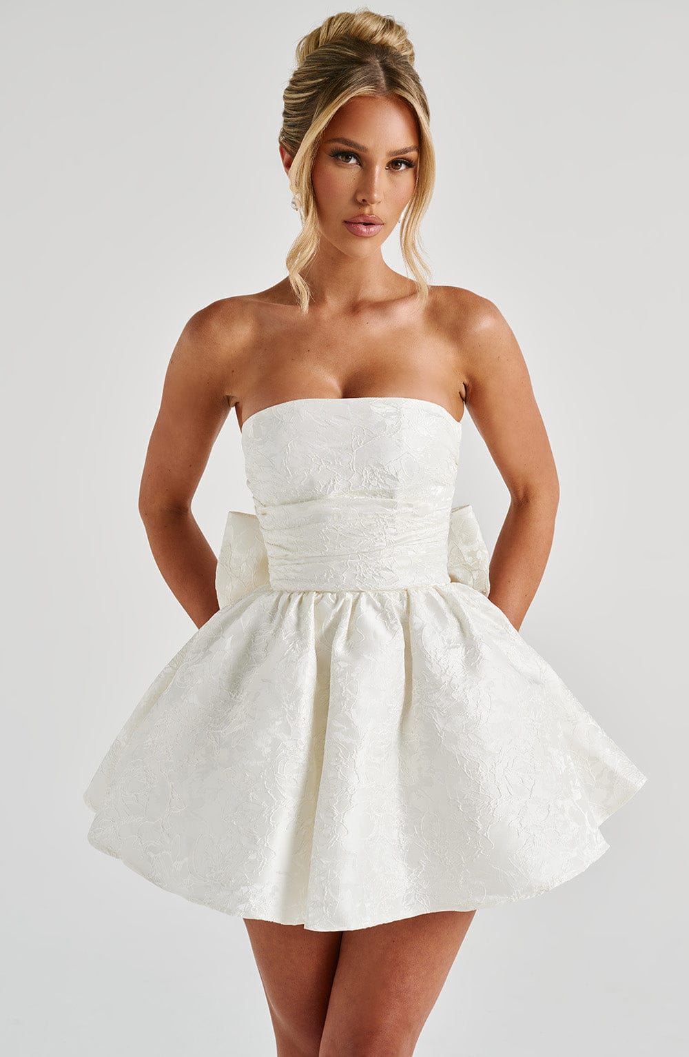 Ivory Strapless Mini Dress with Detachable Bow - Salome
