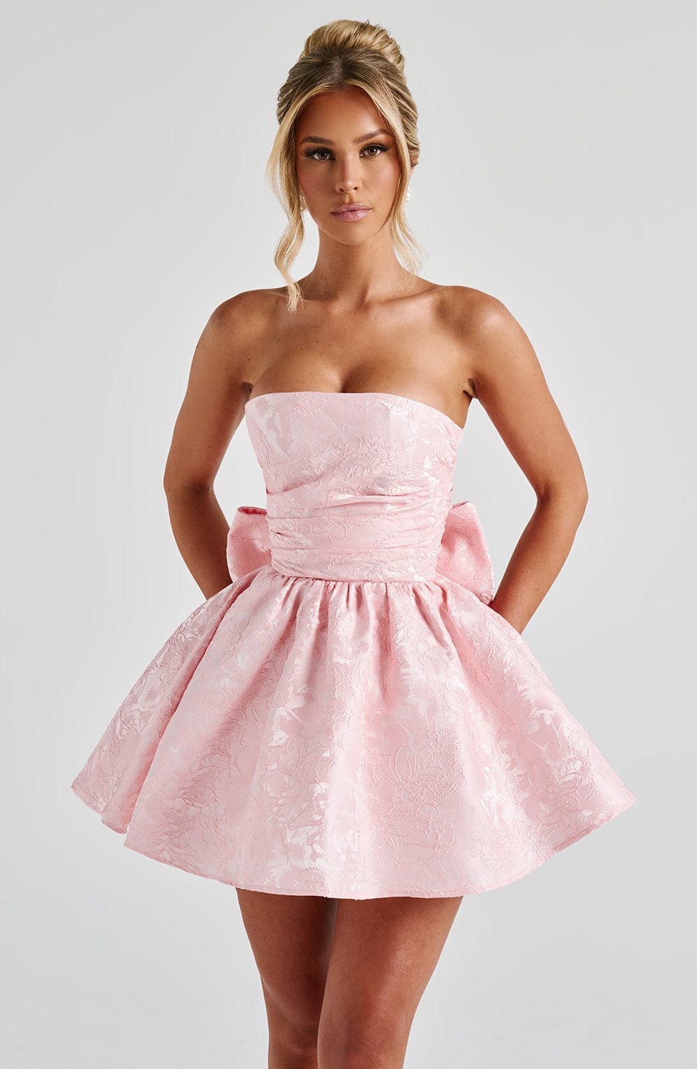 Blush Strapless Mini Dress with Lace Up Back & Detachable Bow