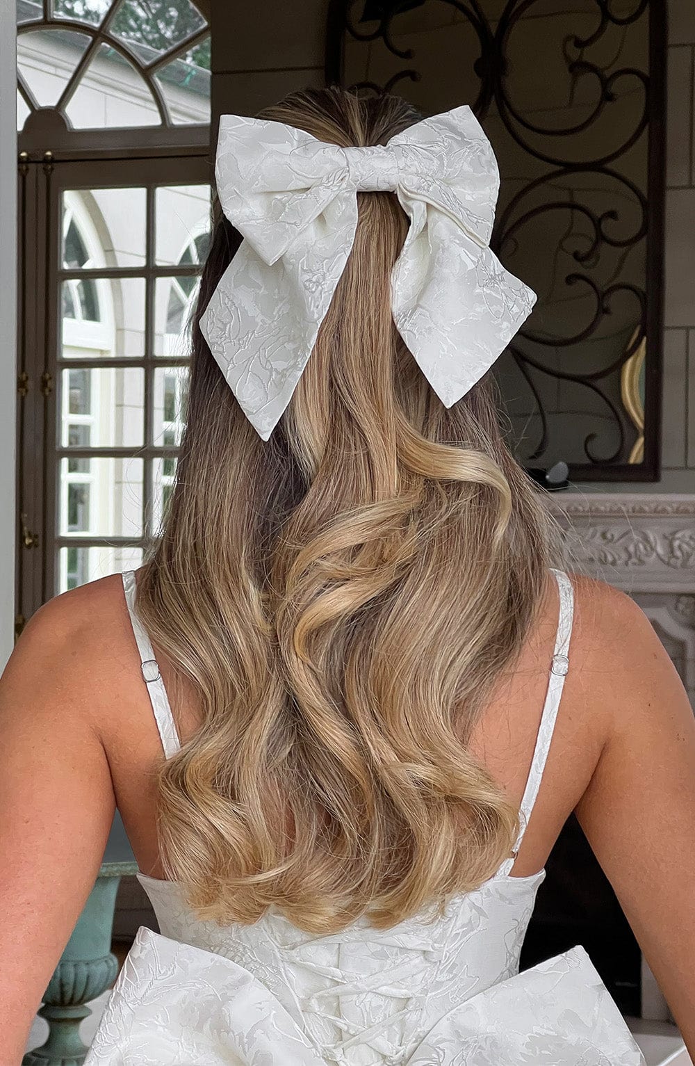 Ivory Floral Jacquard Hair Bow Clip - Elsa Barrette Accessory