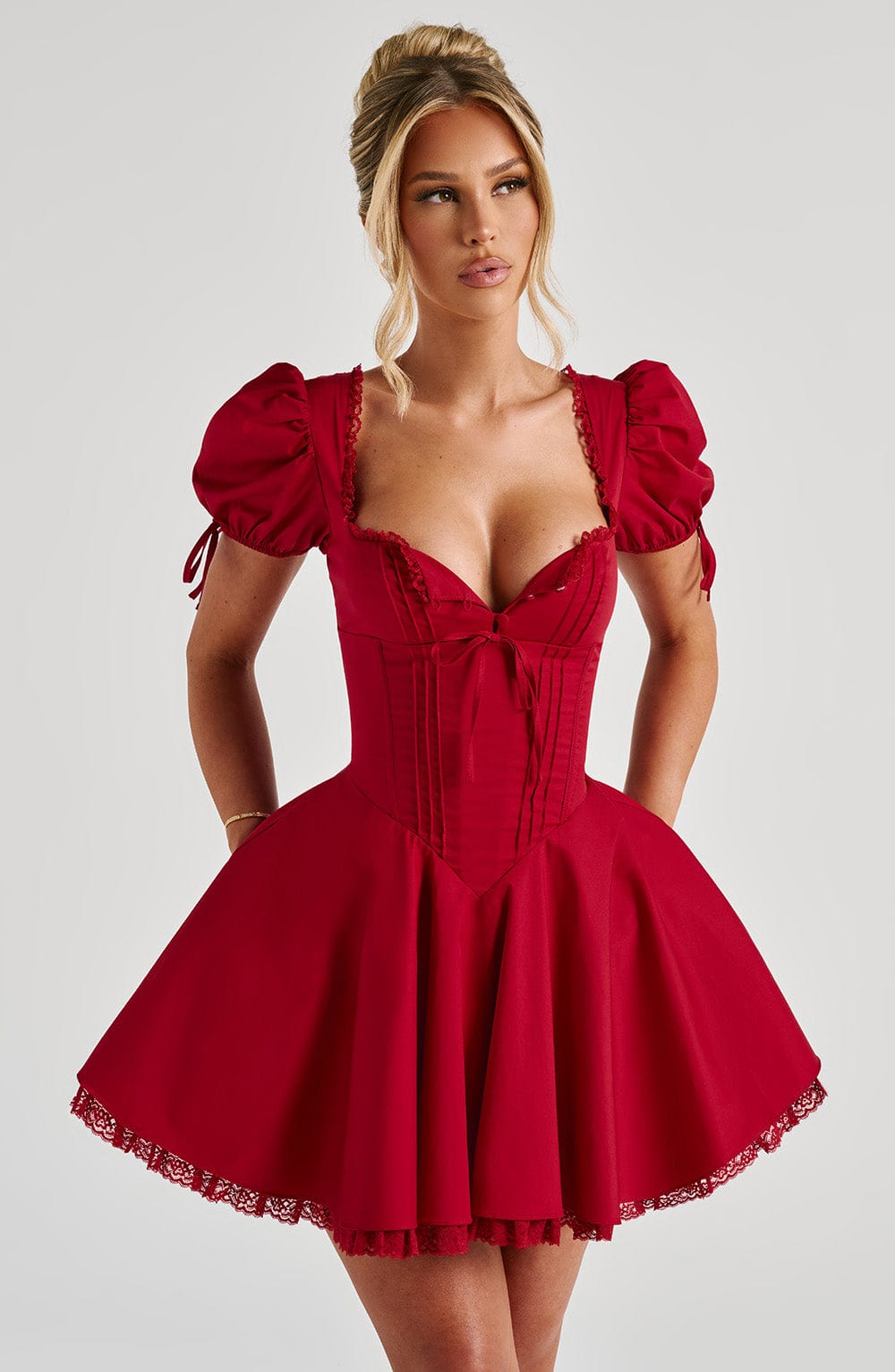 Red Lace Mini Dress with Puff Sleeves & Lace-Up Back – Annie