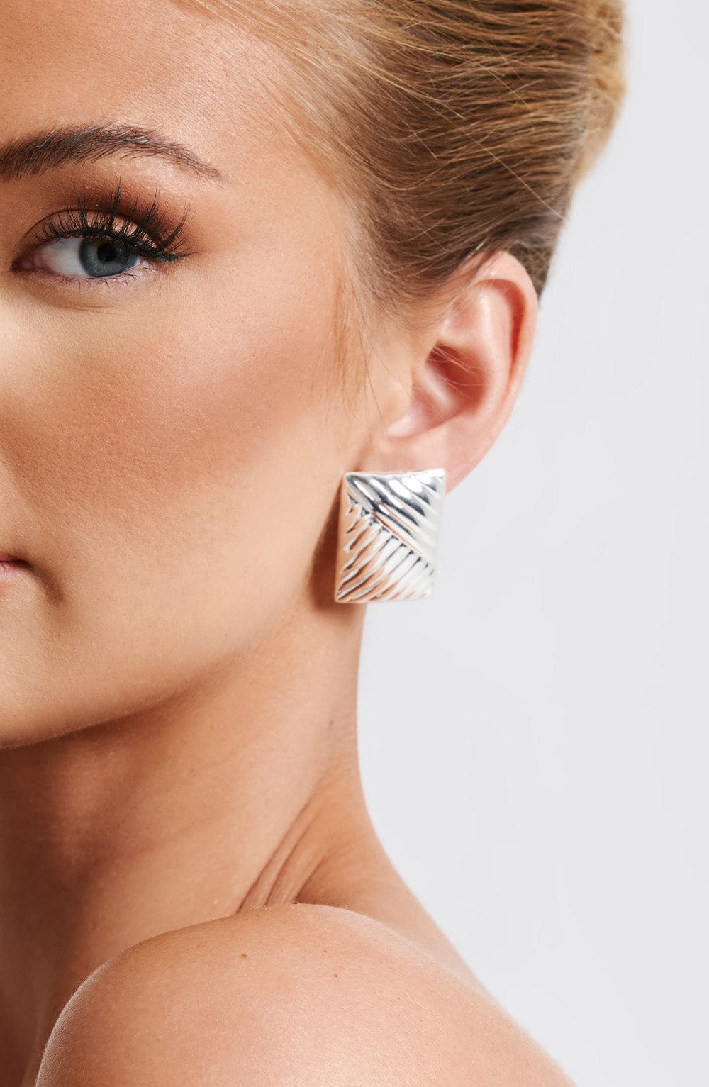 Silver Square Stud Earrings with Corrugated Design – Bronte
