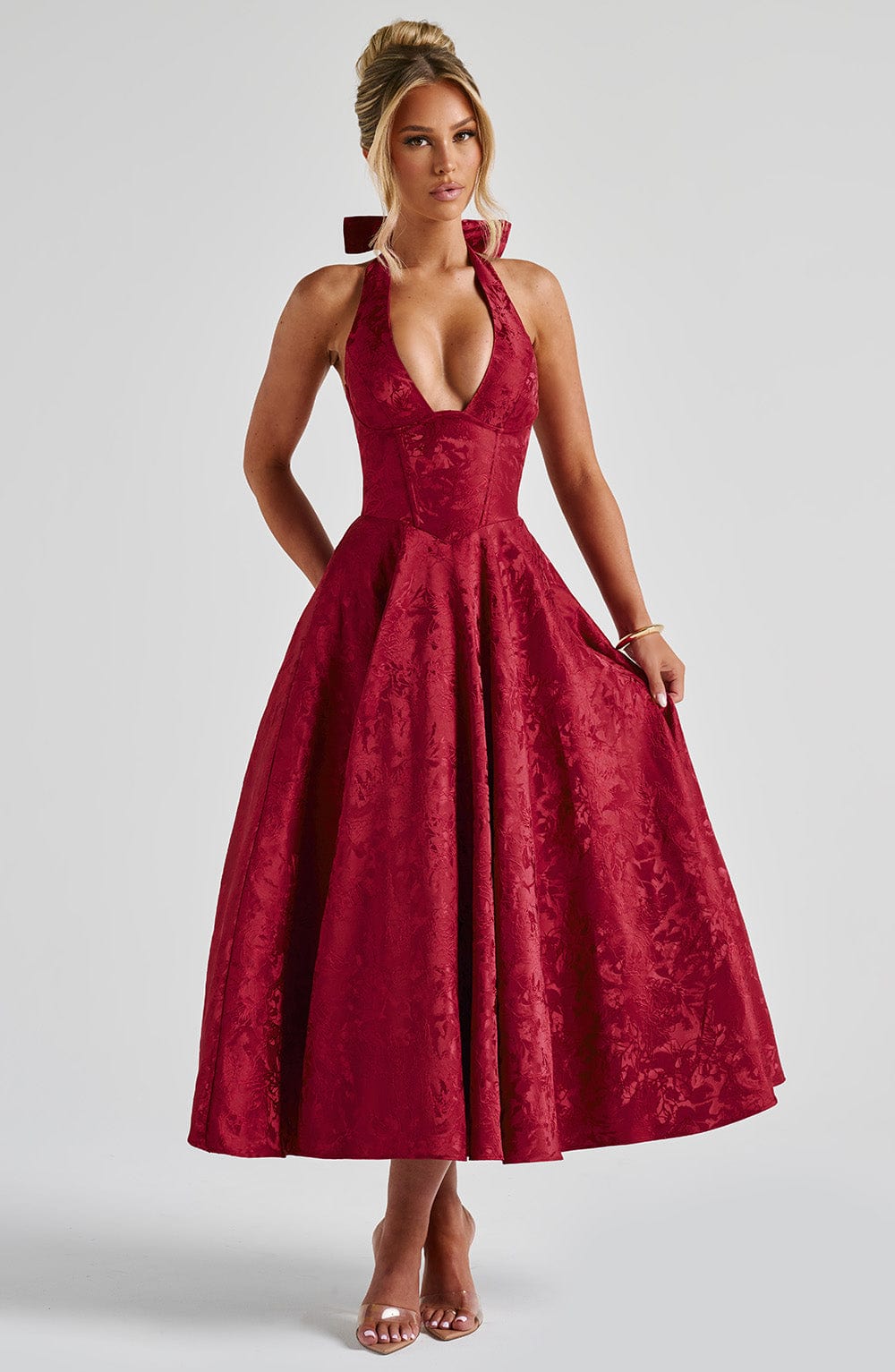 Effie Red Floral Jacquard Midi Dress with Lace-Up Back