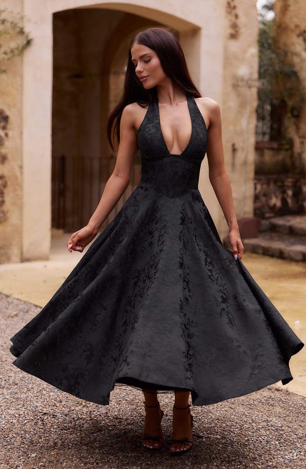 Black Effie Midi Dress with Halter Neck & Lace-Up Back