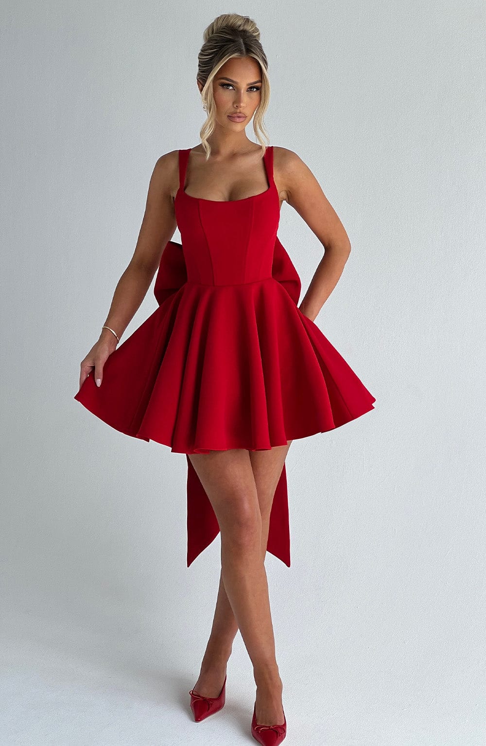 Red Mini Dress with Detachable Bow & Adjustable Straps - Rue