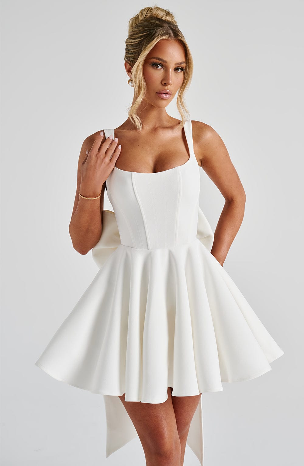 Ivory Mini Dress with Square Neckline & Detachable Bow