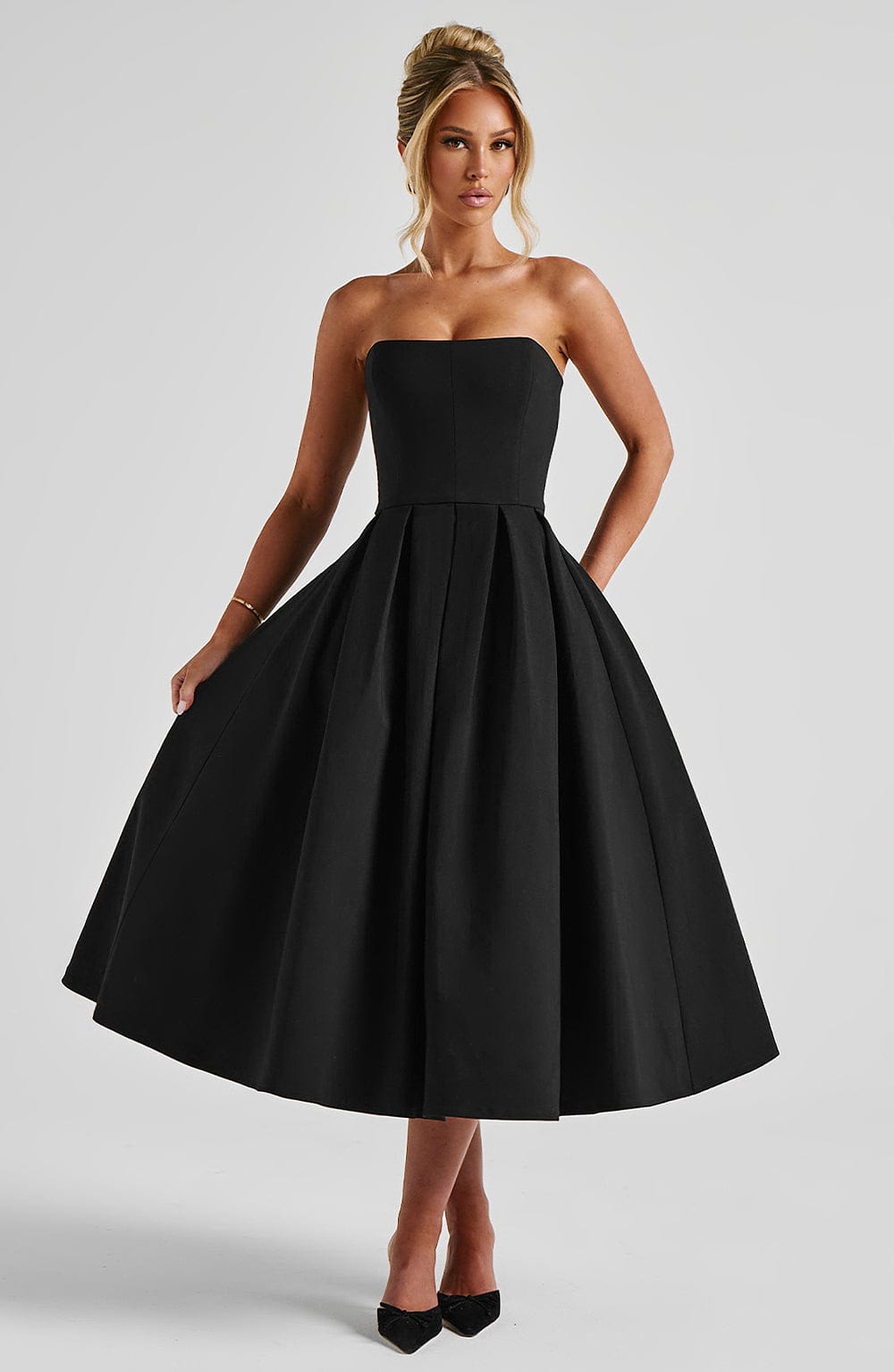 Black Strapless Midi Dress with Boning & Tulle - Edith