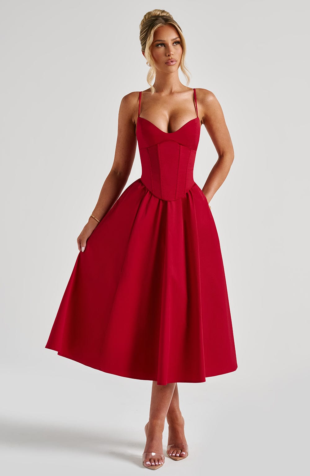 Red Corset Midi Dress with Voluminous Skirt - Mariella