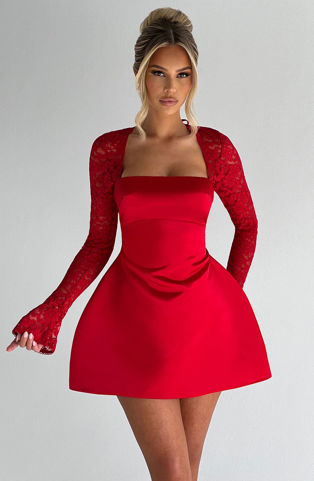 Red Satin Sadie Mini Dress with Lace Sleeves & Bubble Skirt