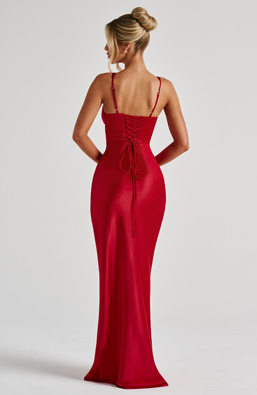 Red Satin Maxi Dress with Corset & Adjustable Straps - Shae