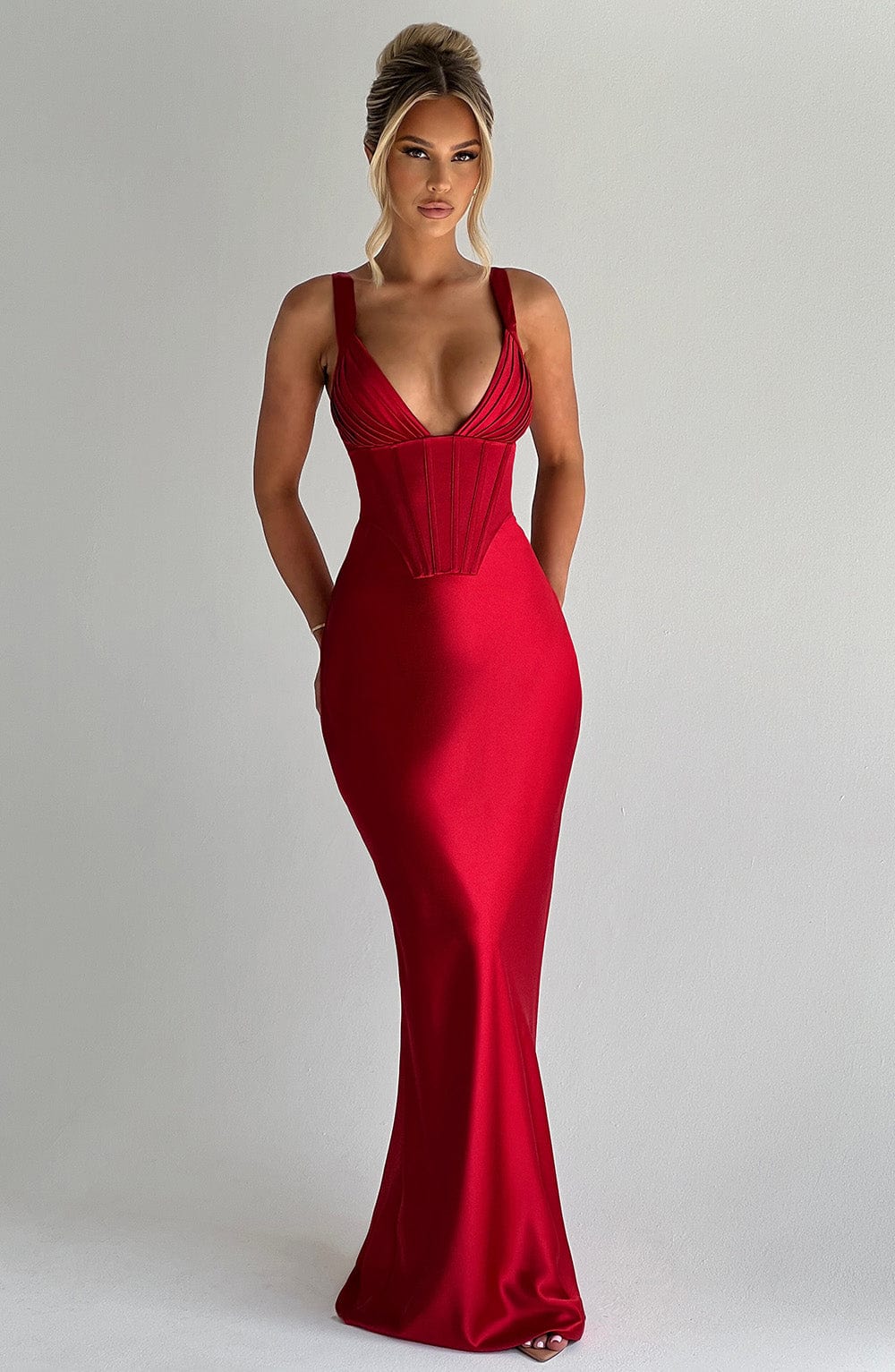 Red Satin Maxi Dress with Corset & Adjustable Straps - Shae