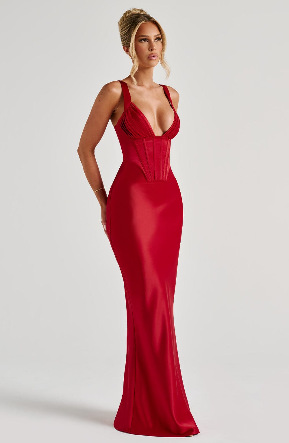 Red Satin Maxi Dress with Corset & Adjustable Straps - Shae