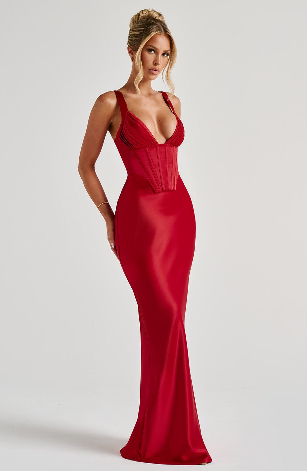 Red Satin Maxi Dress with Corset & Adjustable Straps - Shae